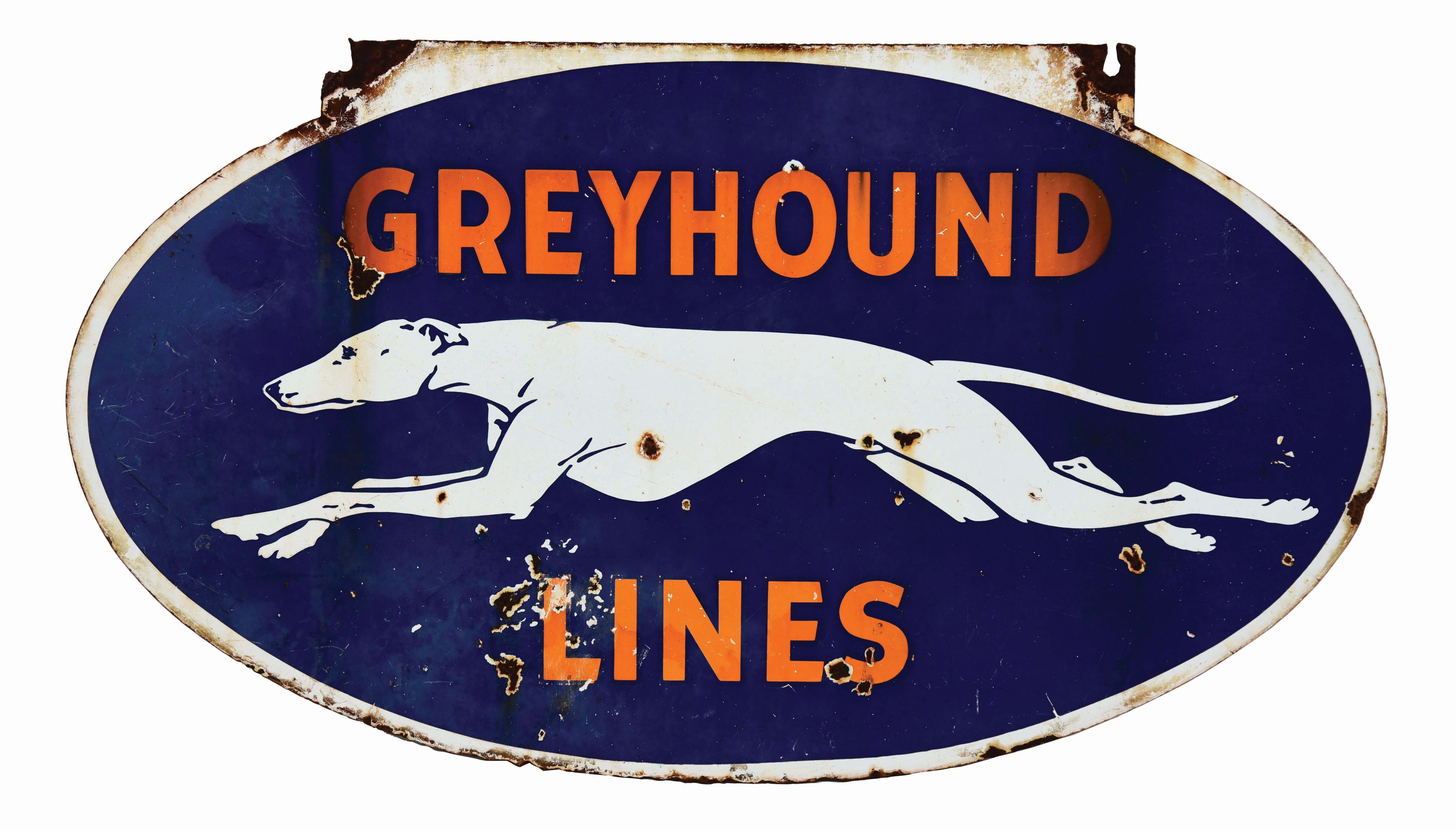Lot Detail GREYHOUND BUS LINES PORCELAIN SIGN W/ DOG GRAPHIC.