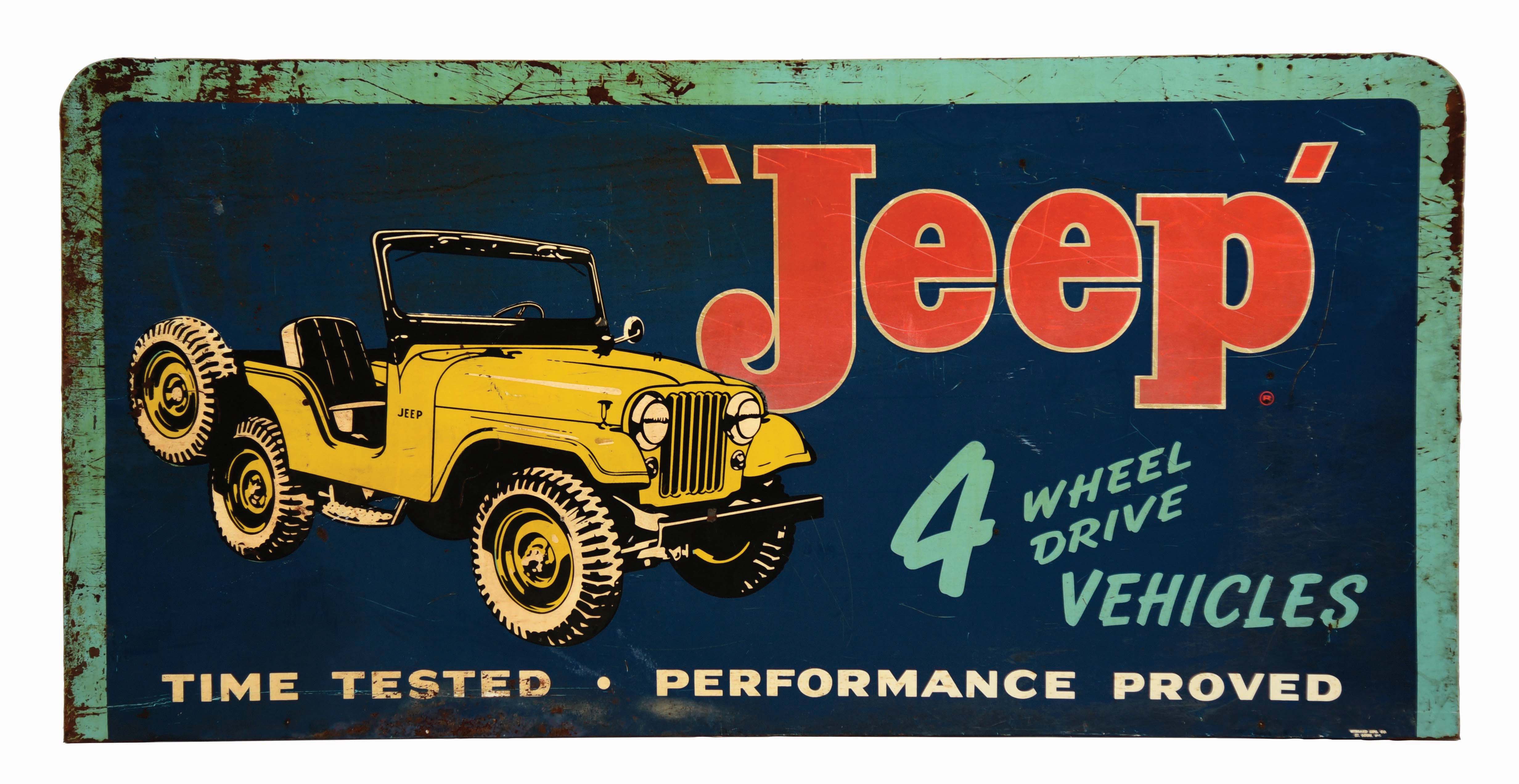 Lot Detail JEEP FOUR WHEEL DRIVE VEHICLES TIN BILLBOARD SIGN W/ JEEP