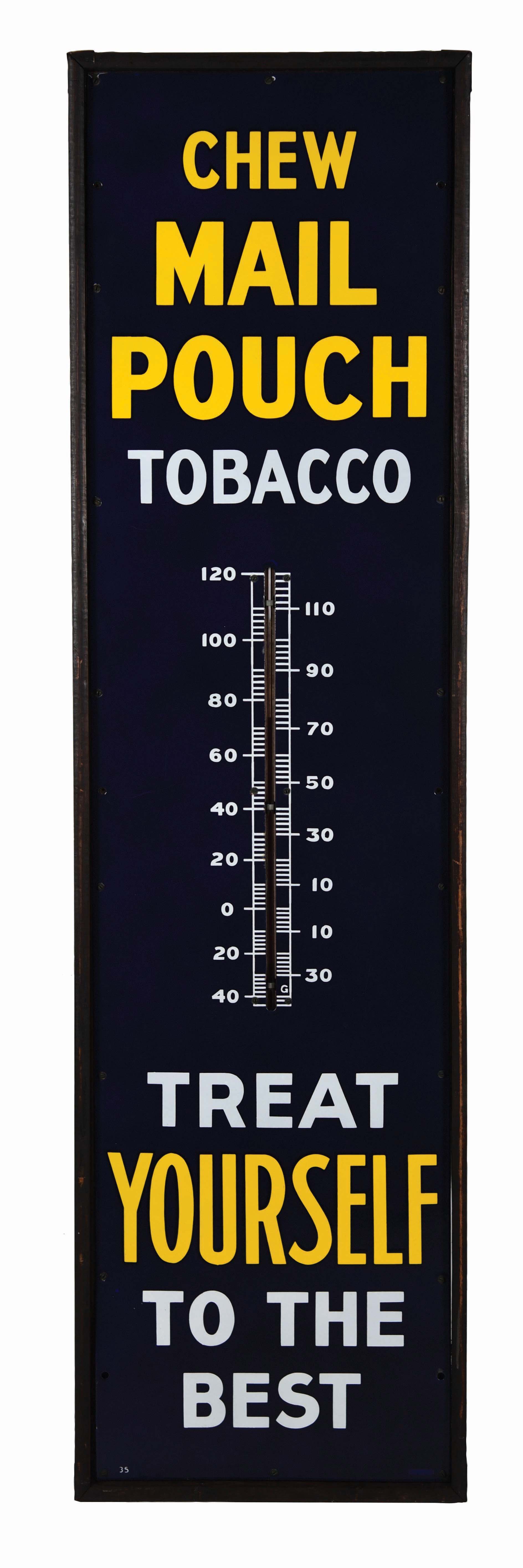 CHEW MAIL POUCH TOBACCO PORCELAIN THERMOMETER W/ ORIGINAL WOOD FRAME