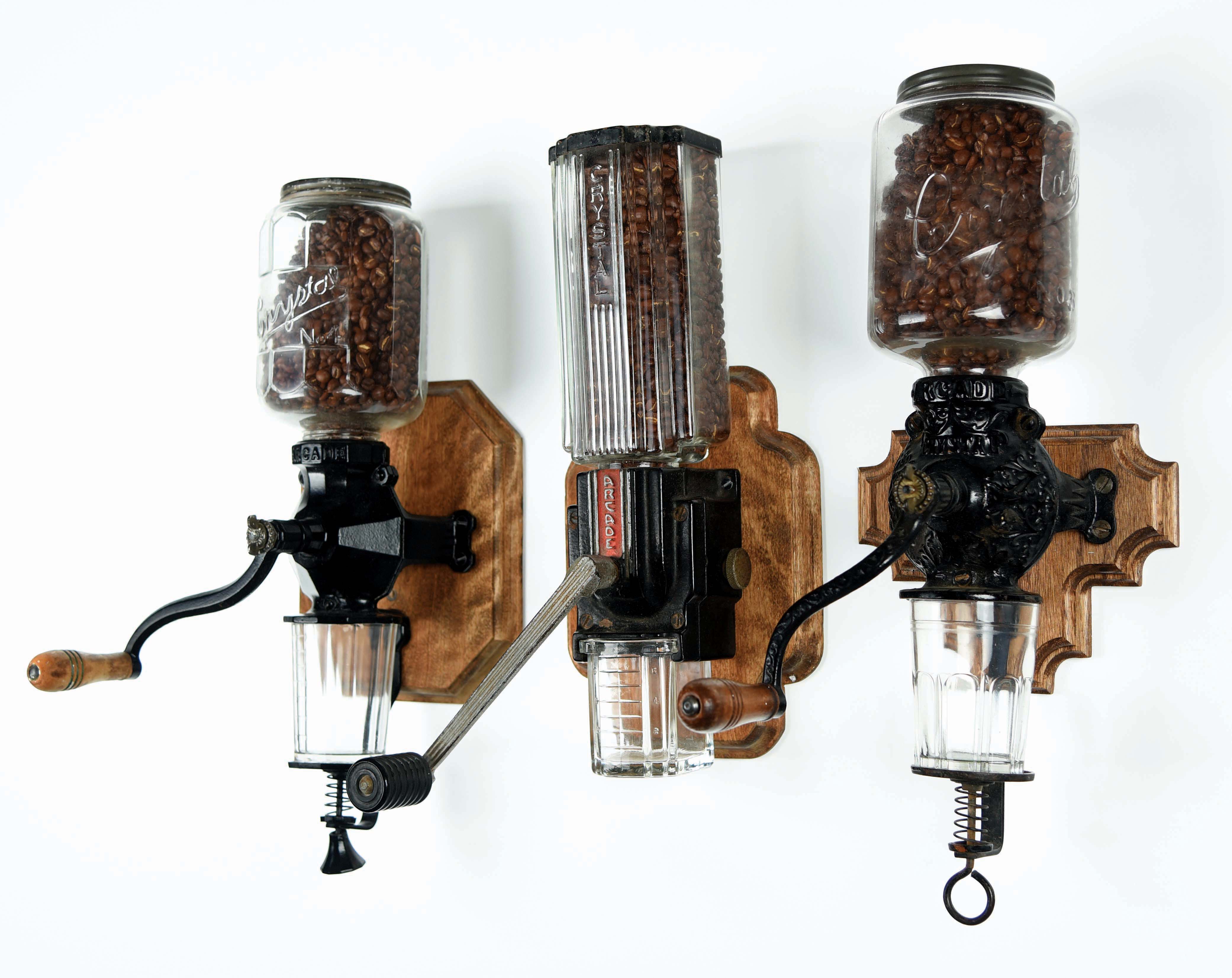 Lot Detail LOT OF 3 CRYSTAL & ARCADE COFFEE GRINDERS.