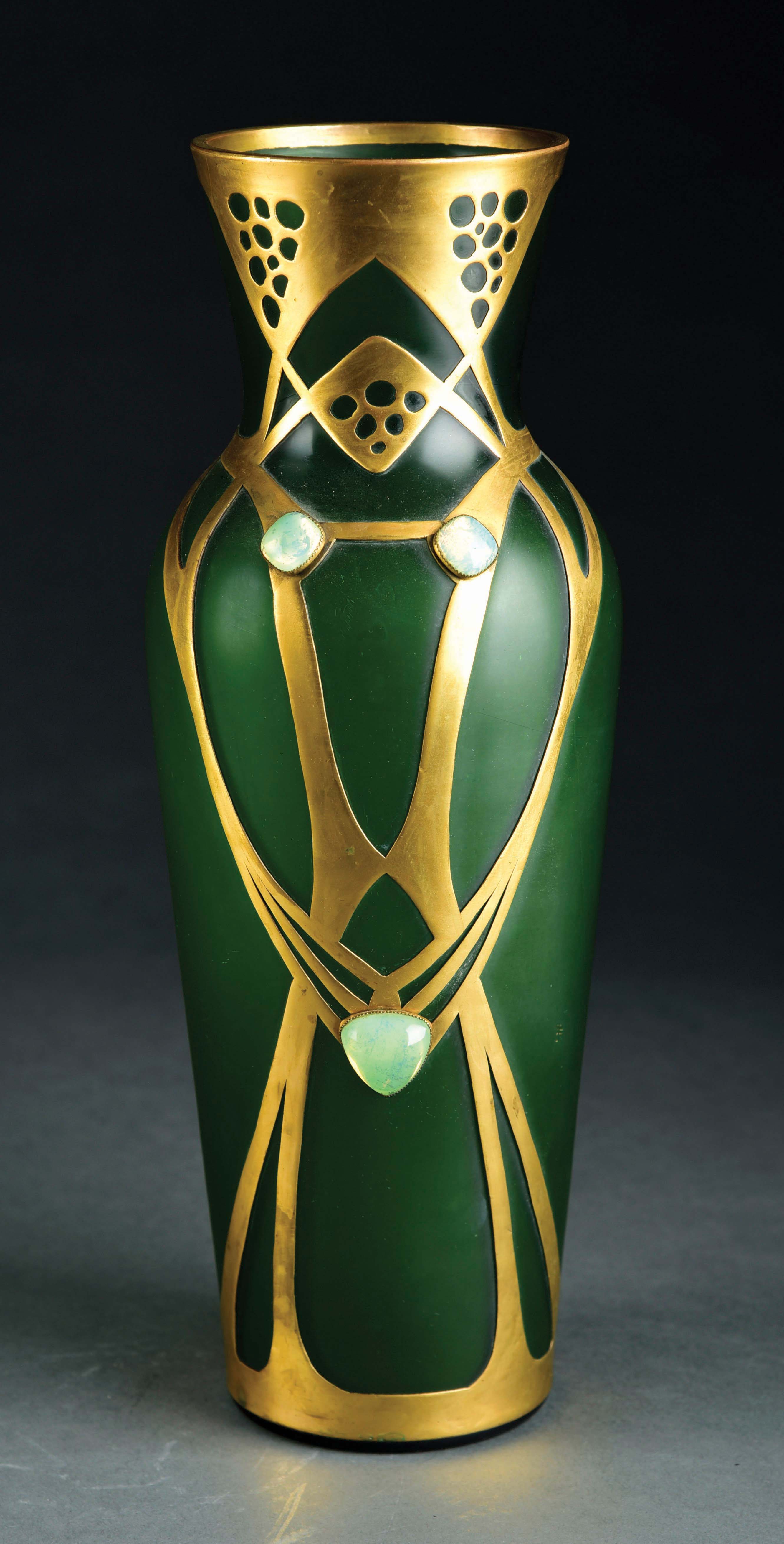 Art Nouveau Metal Overlay Cased Glass Vase.Art Nouveau Metal Overlay