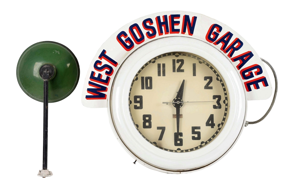 Lot Detail WEST GOSHEN GARAGE ELECTRIC NEON CLOCK WITH LAMP ATTACHMENT.