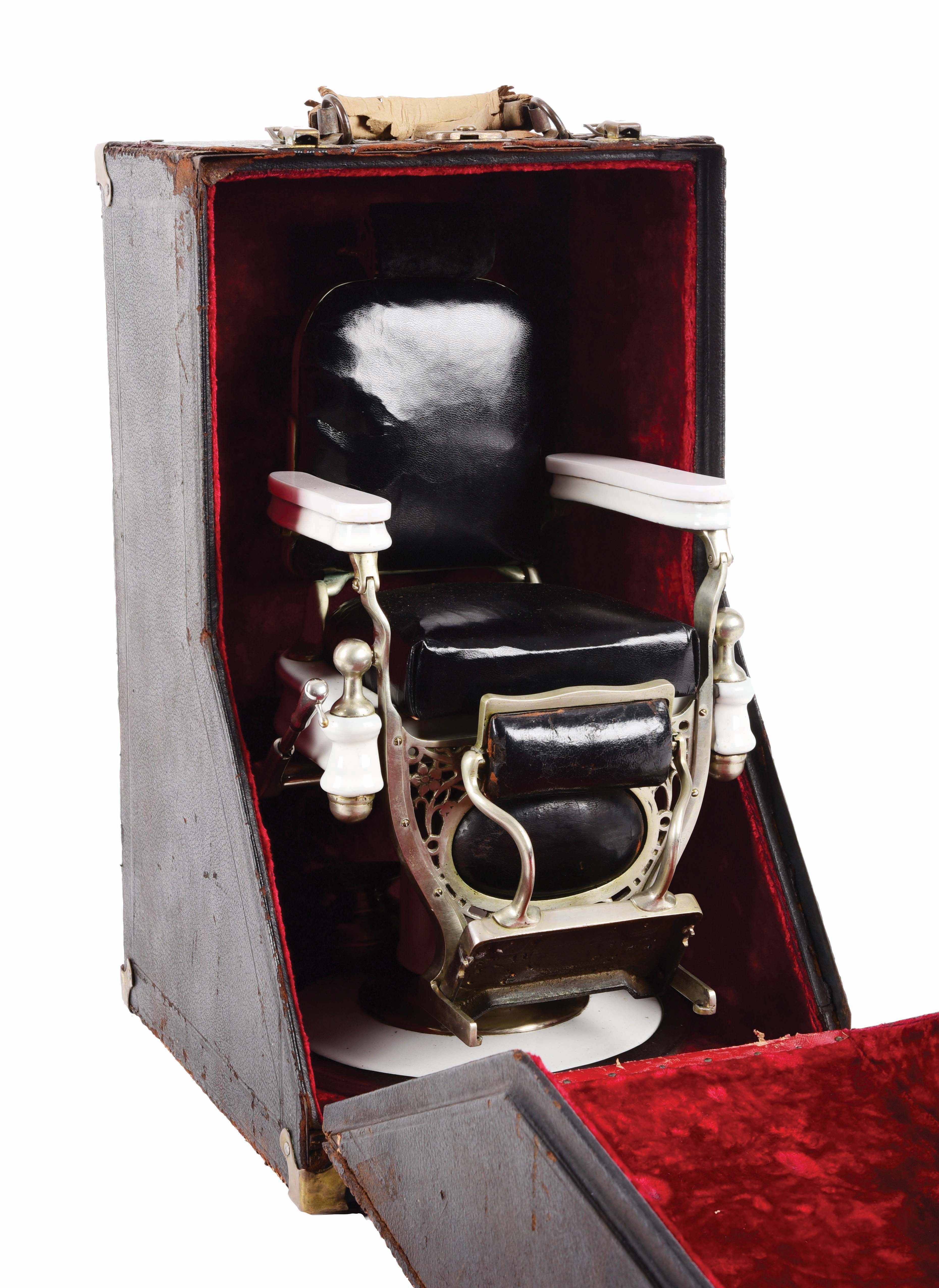 Lot Detail THEO A. KOCHS SALESMAN SAMPLE BARBER CHAIR WITH ORIGINAL CASE.