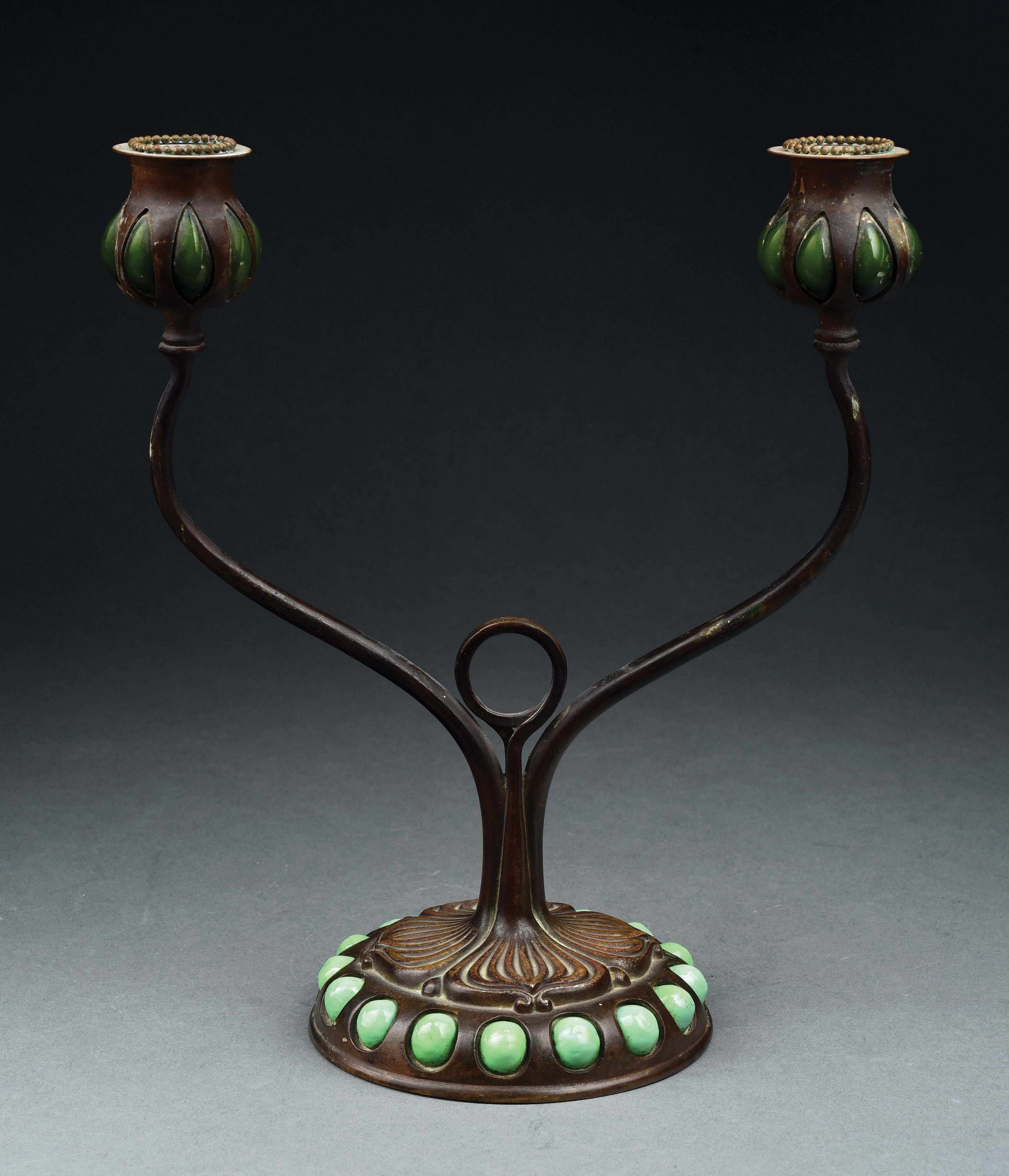 Lot Detail TIFFANY STUDIOS DOUBLE CANDLESTICK WITH BLOWN OUT GLASS.