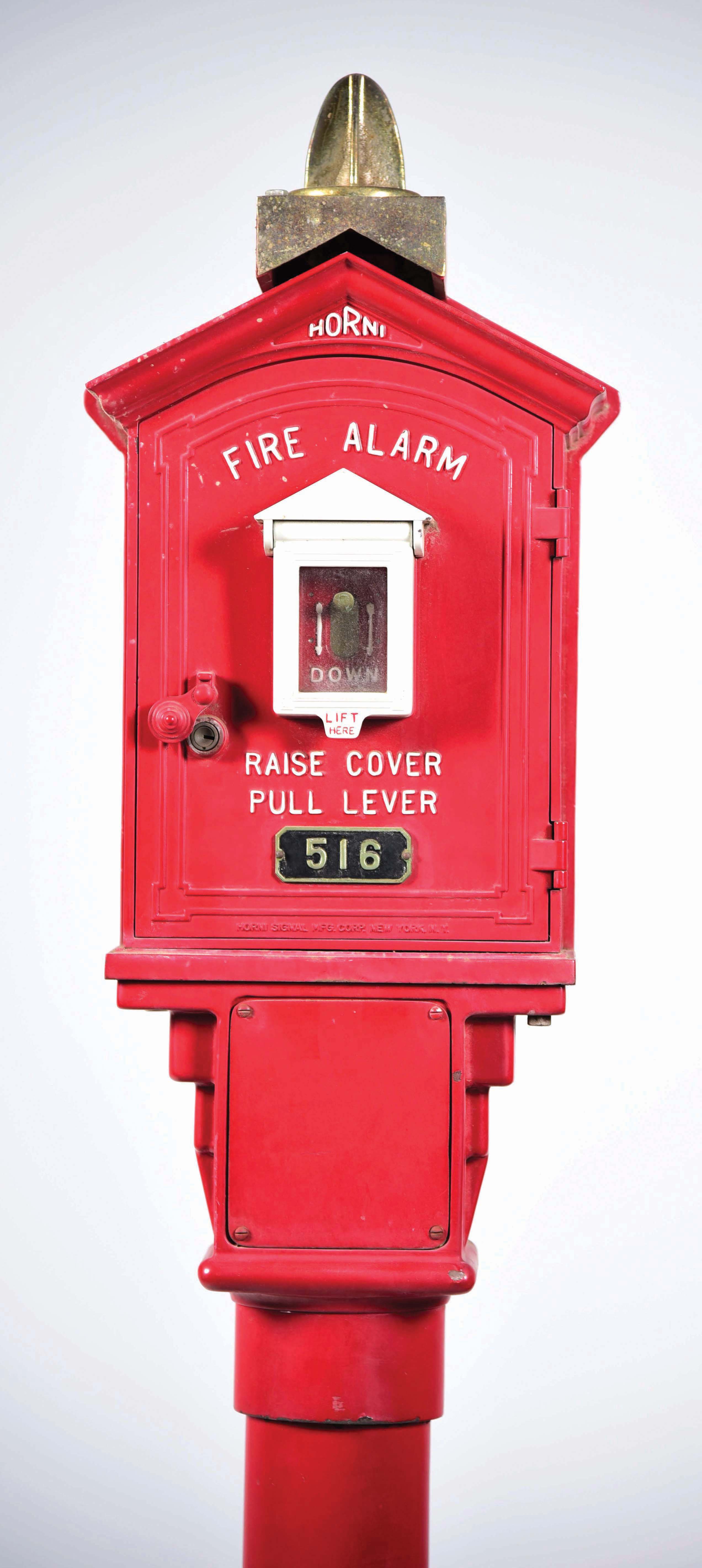 Lot Detail HORNI CAST IRON FIRE ALARM BOX MOUNTED ON IRON PEDESTAL BASE.