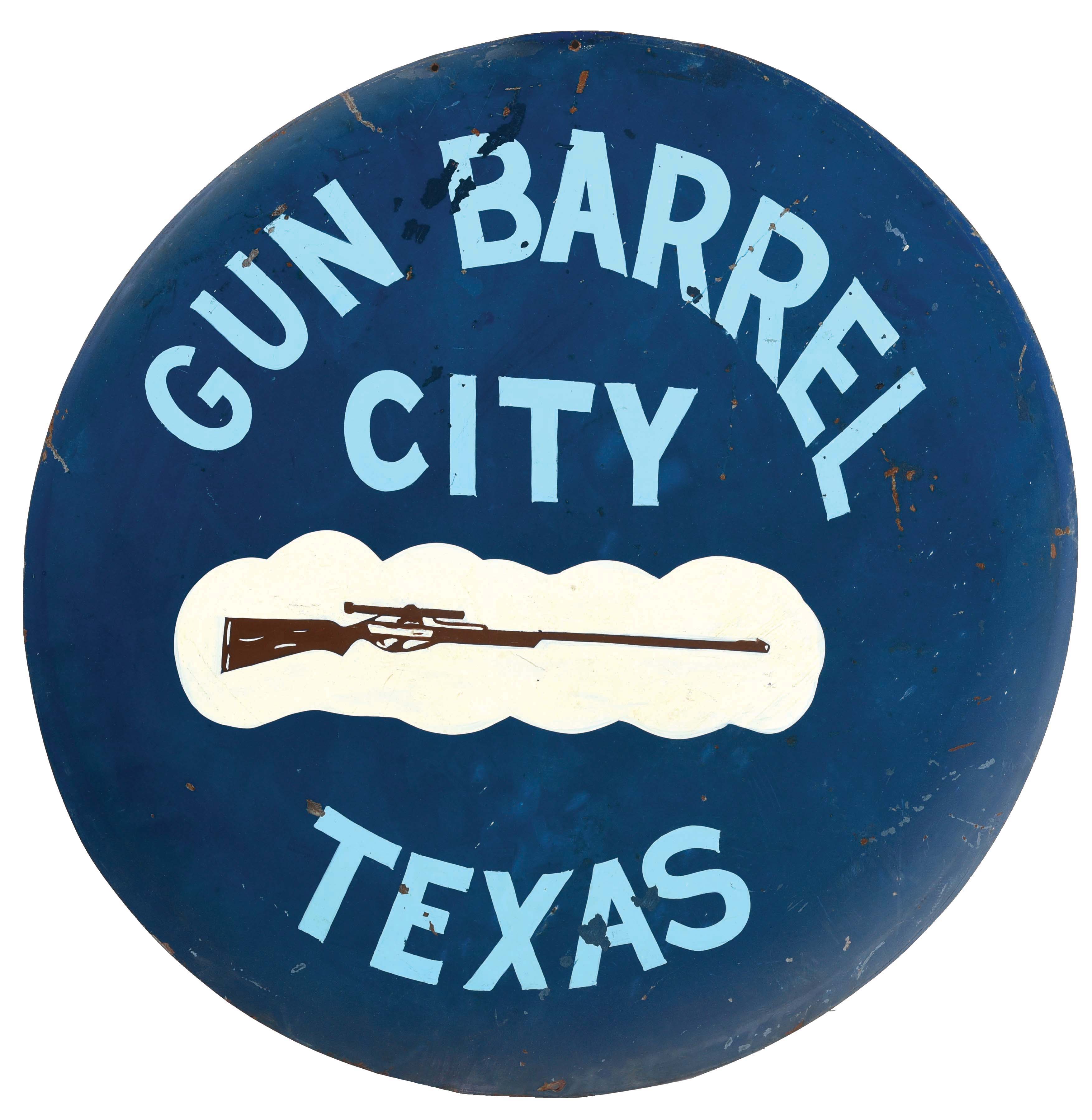 Lot Detail TIN HAND PAINTED FOLK ART "GUN BARREL CITY TEXAS" BUTTON SIGN.