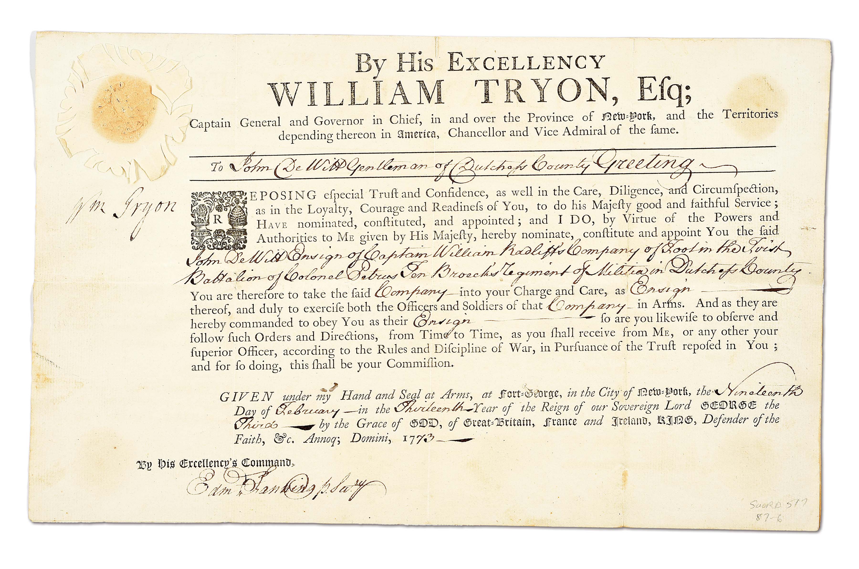 Lot Detail GOV. TRYON SIGNED 1773 NEW YORK COMMISSION DUTCHESS COUNTY MILITIA.