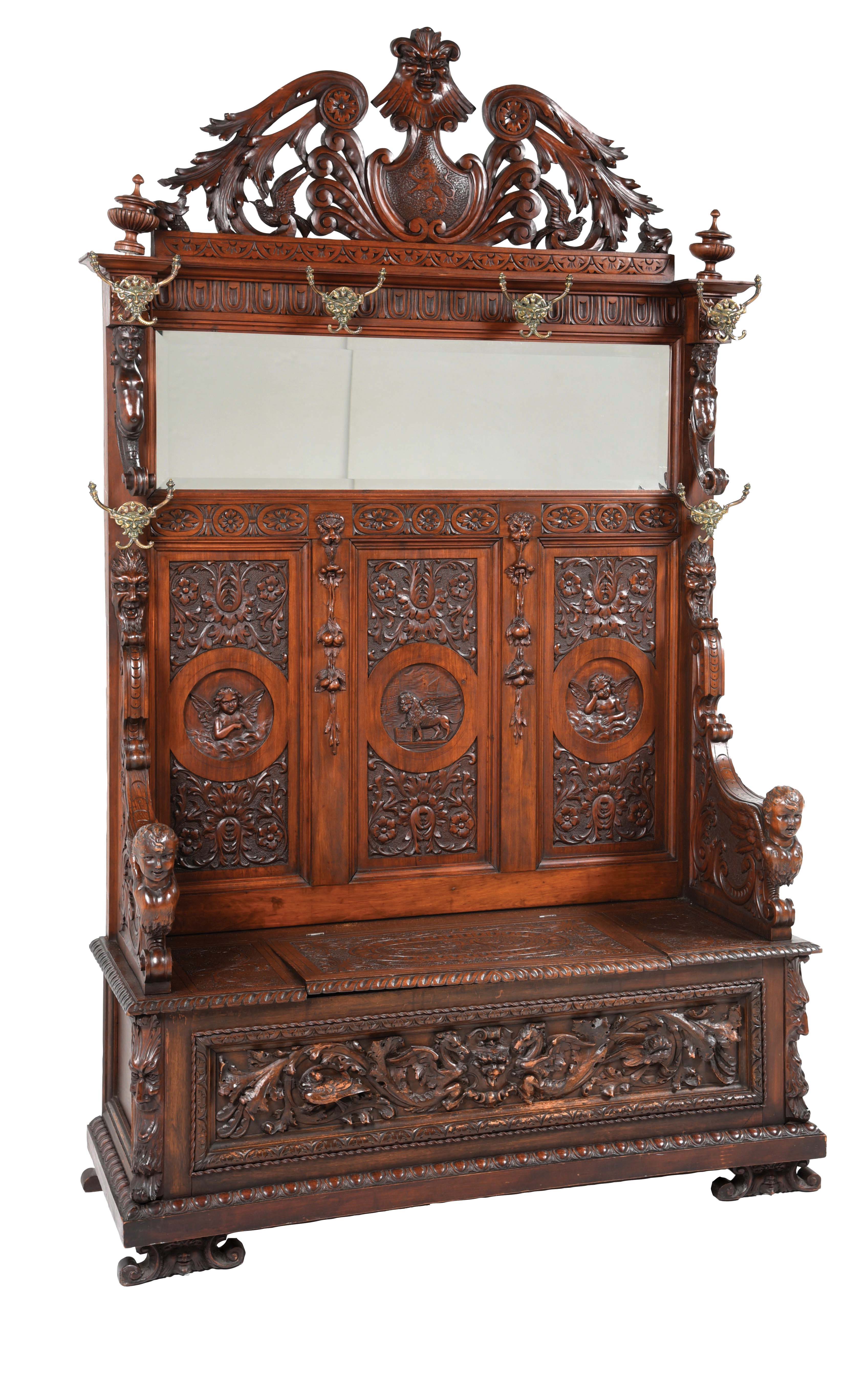 Lot Detail R.J. HORNER CARVED MAHOGANY HALL TREE W/ 6 BRASS DOUBLE HOOKS.