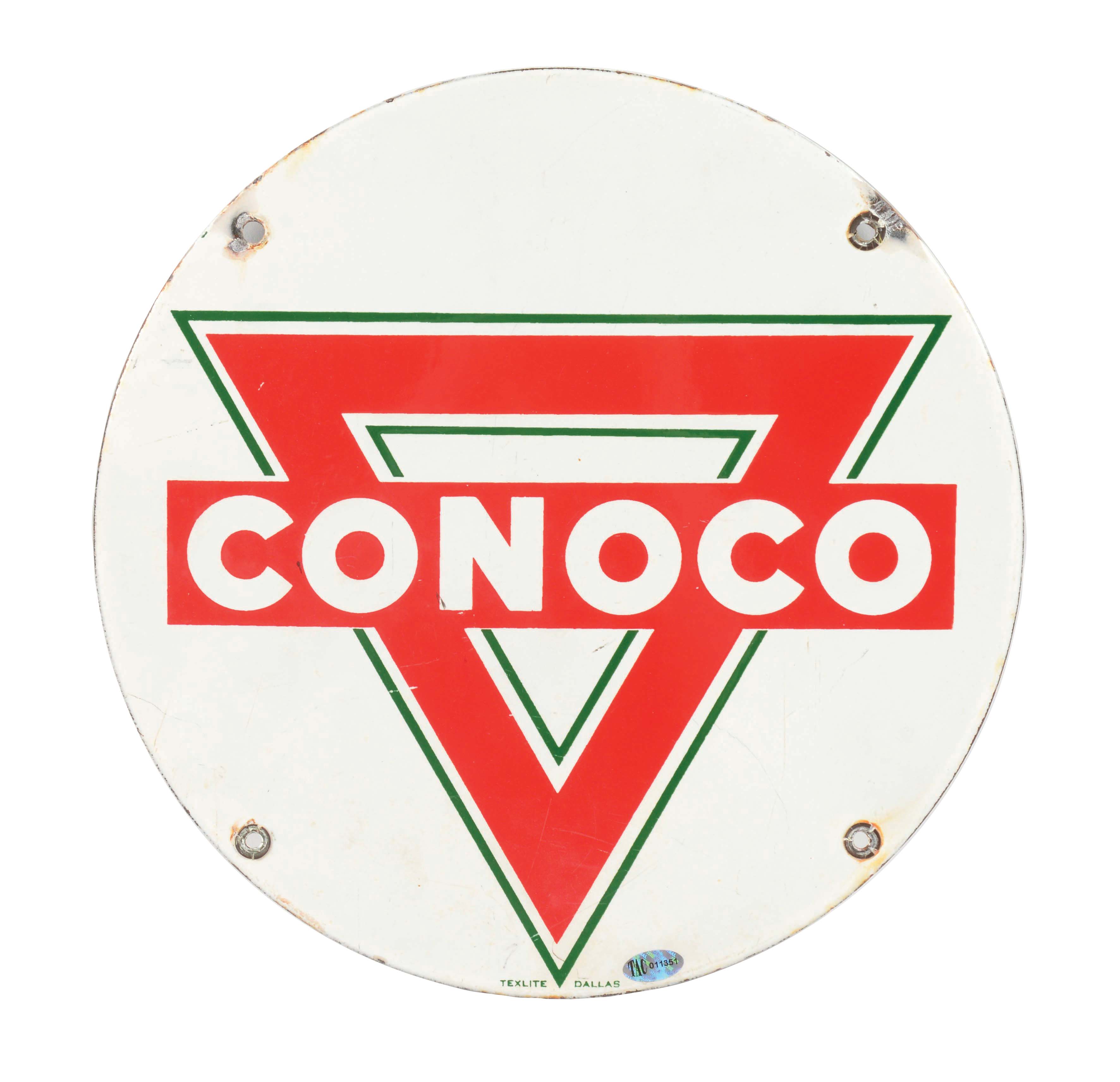 Lot Detail CONOCO GASOLINE PORCELAIN SIGN W/ TRIANGLE GRAPHIC.