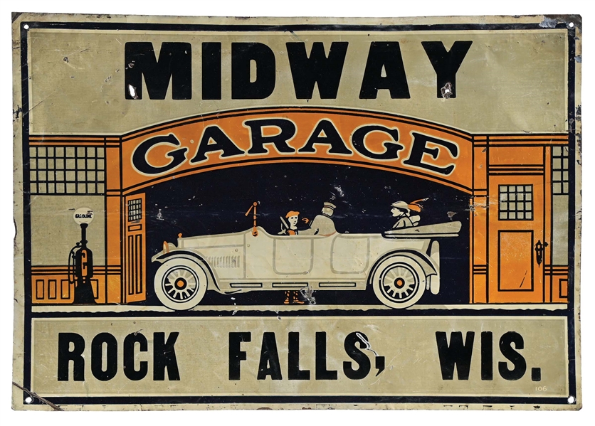Lot Detail MIDWAY GARAGE EMBOSSED TIN SIGN W/ CAR GRAPHIC.