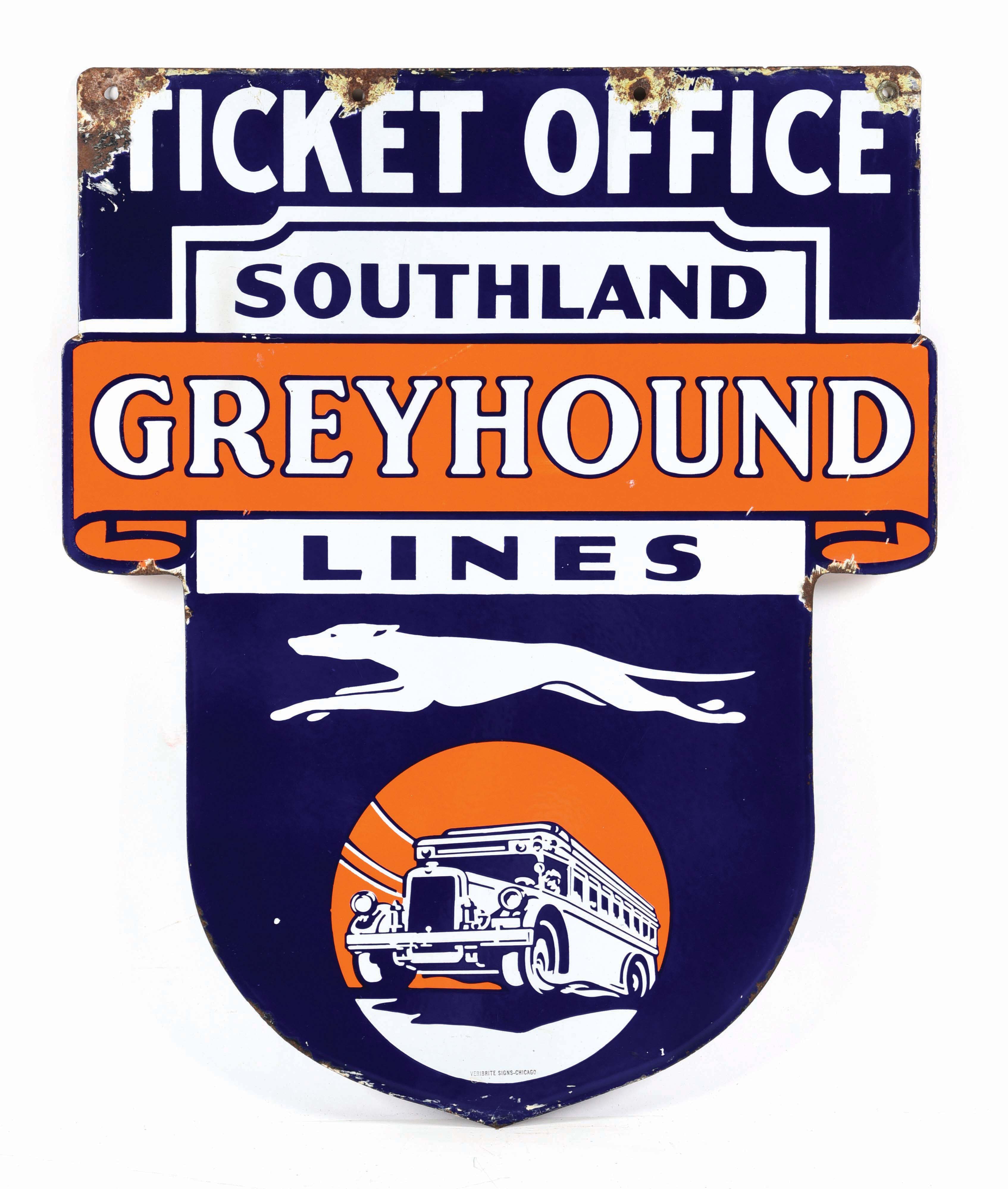 Lot Detail PORCELAIN GREYHOUND BUS LINES TICKET OFFICE SIGN W/ BUS