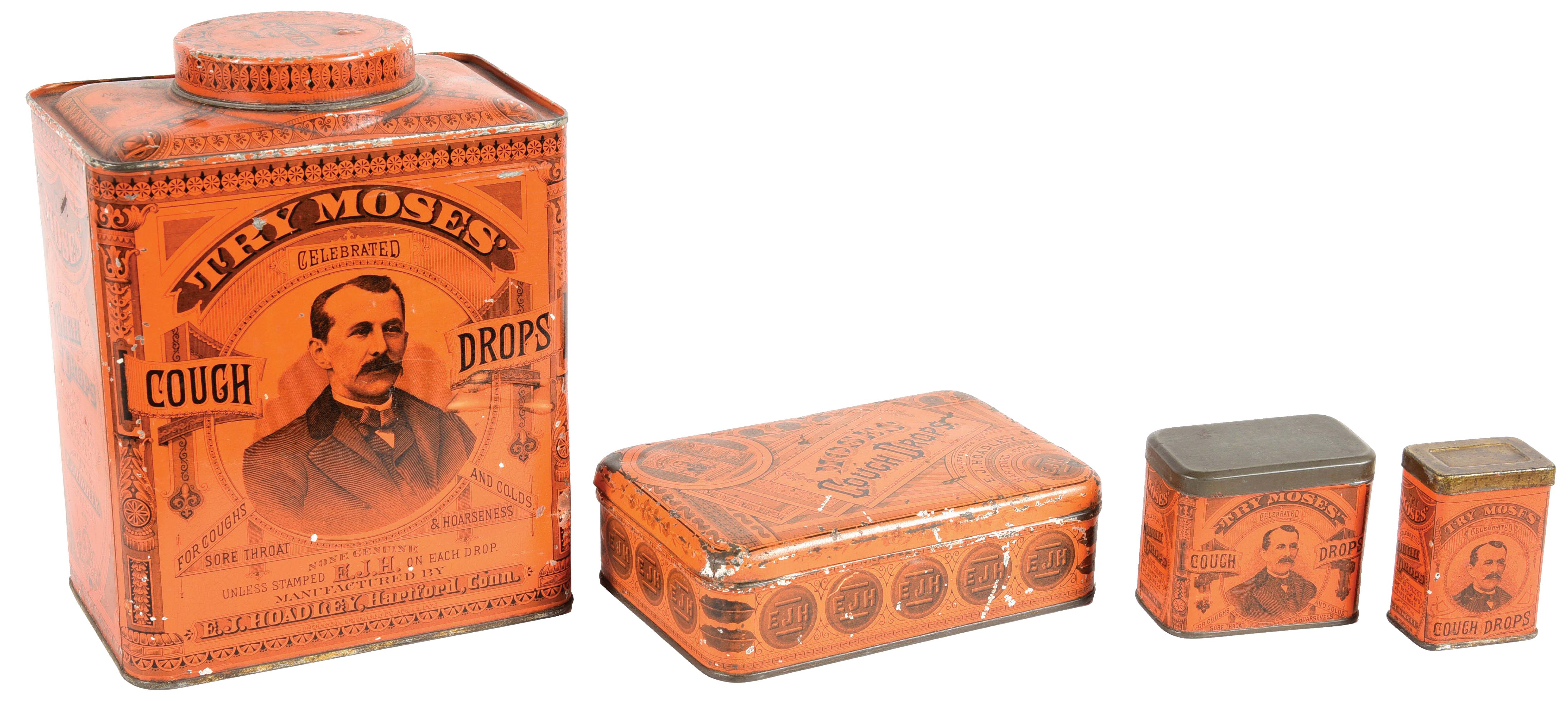 Lot Detail COLLECTIONG OF 4 MOSES' COUGH DROPS TIN CANISTERS.
