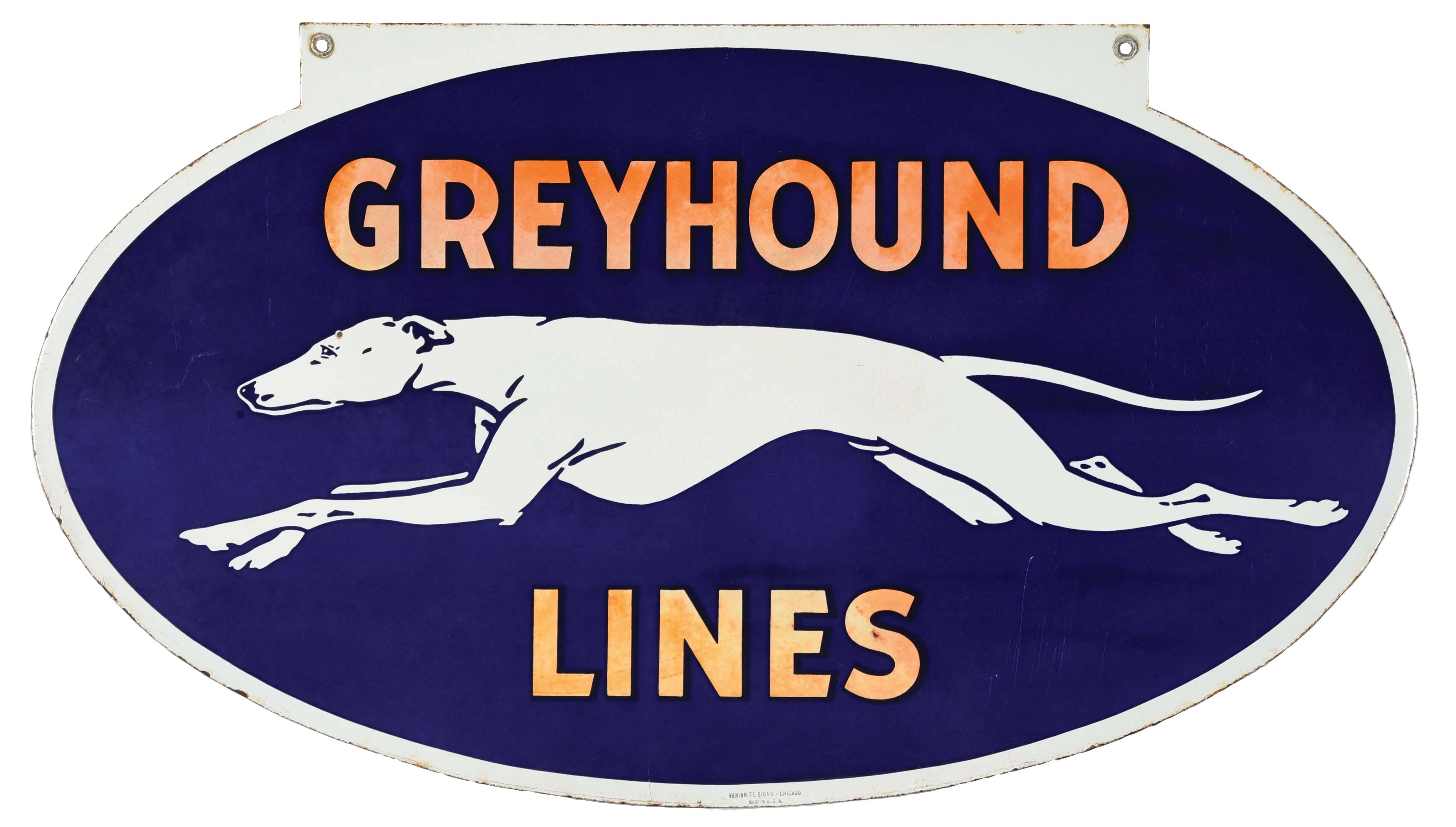 Lot Detail PORCELAIN GREYHOUND BUS LINES SIGN W/ DOG GRAPHIC.