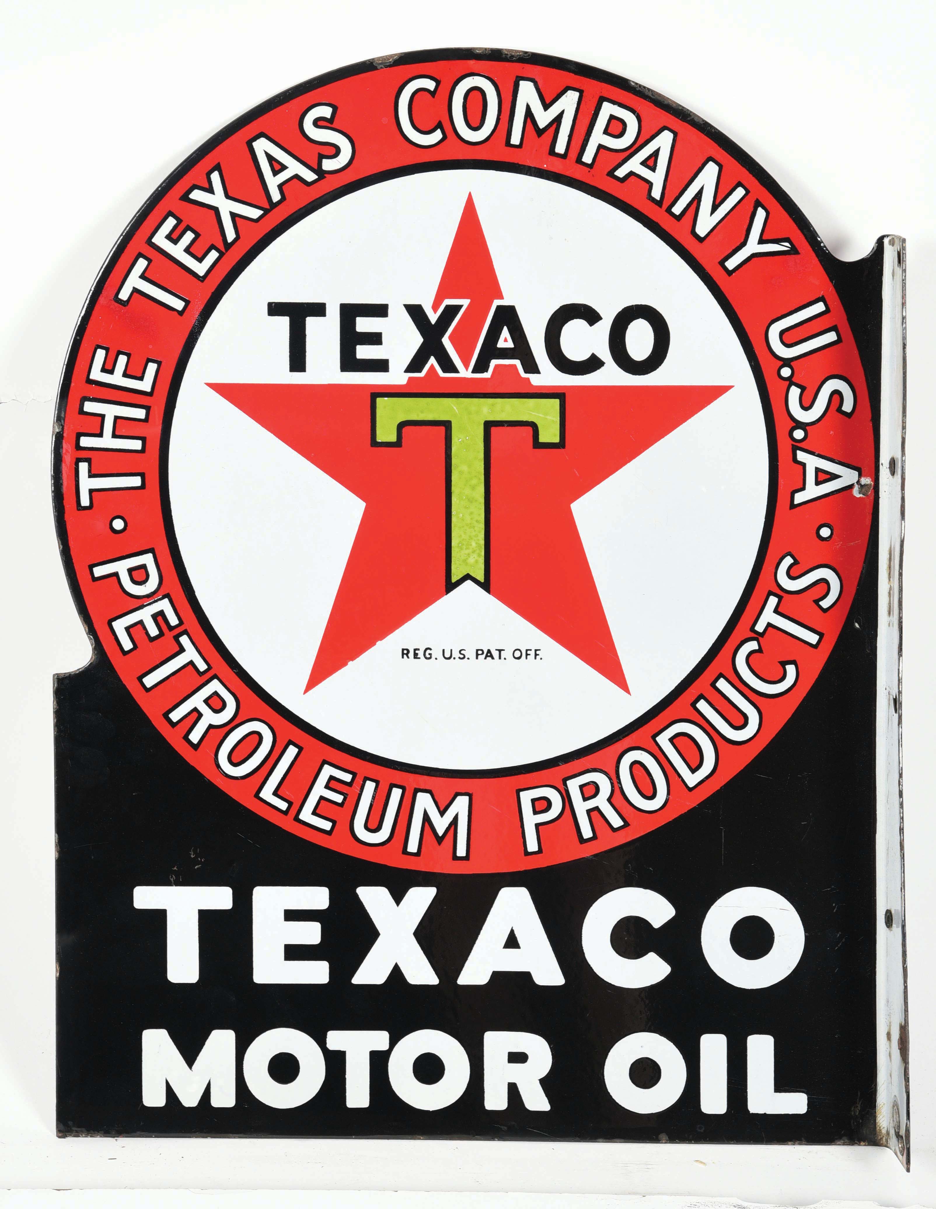 Lot Detail TEXACO MOTOR OIL PORCELAIN FLANGE SIGN W/ ICONIC TEXACO