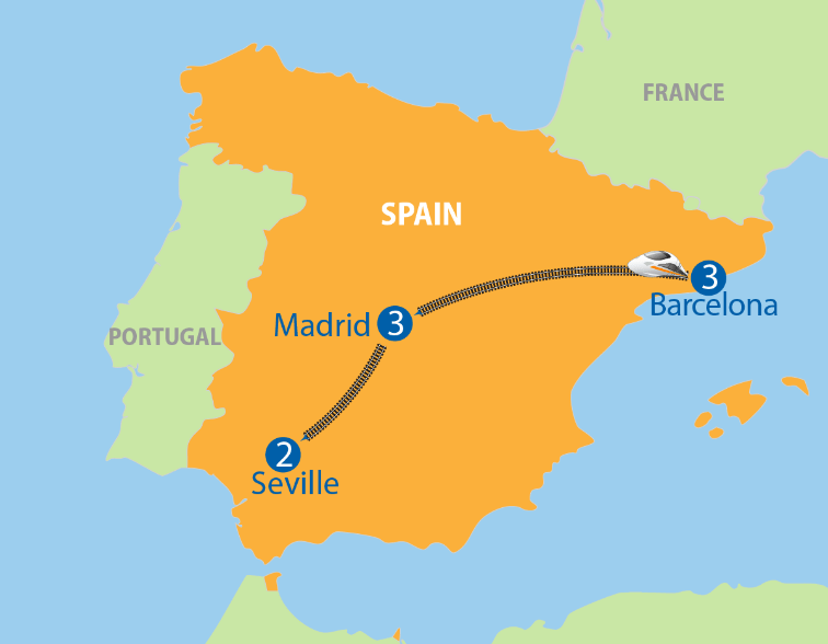 9 Day BARCELONA, MADRID & SEVILLE Independent Journey by Train