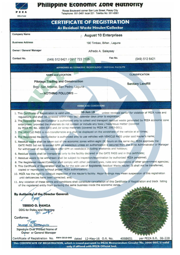 August 10 Enterprises Transport, Segregation, Treatment, Recycling