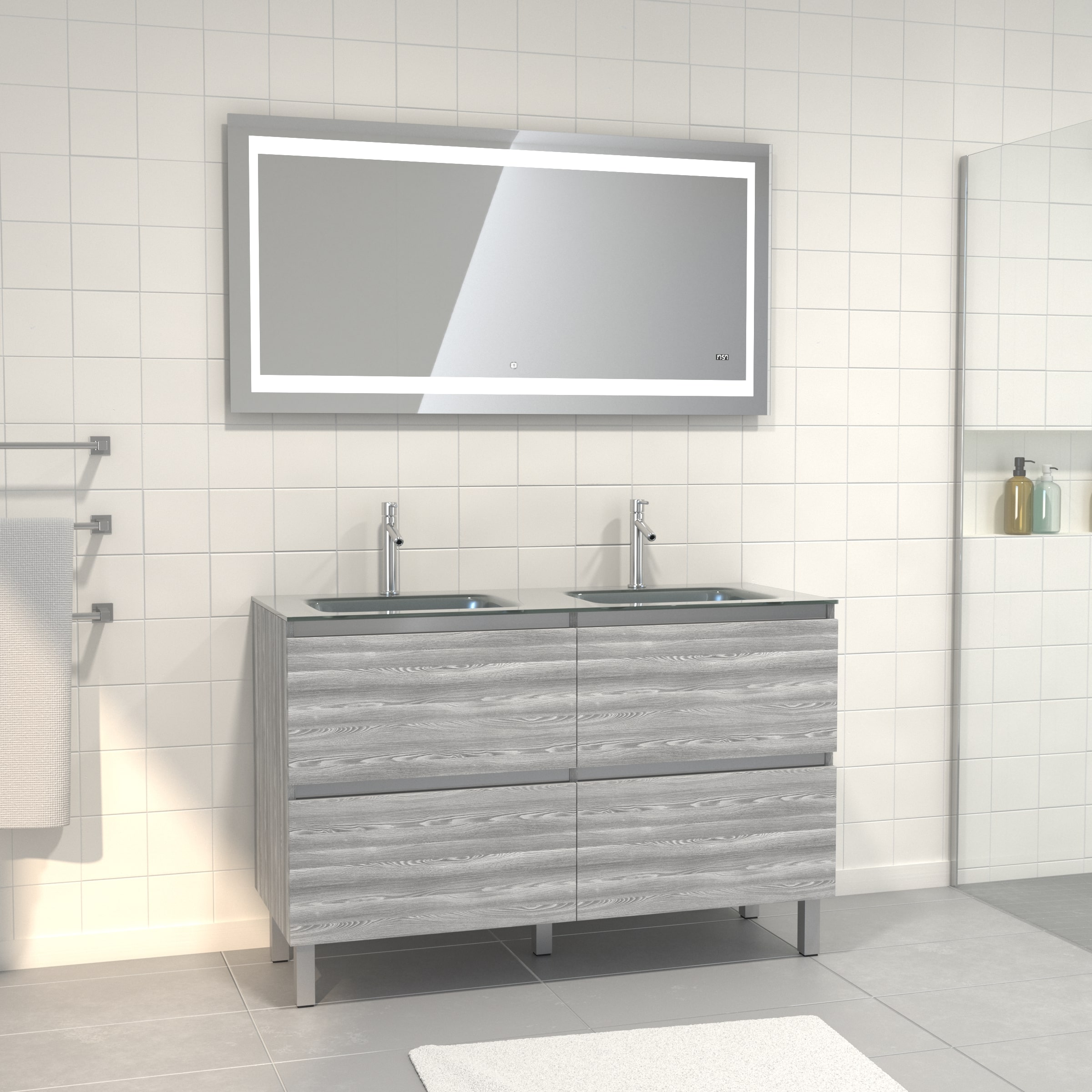 Pack meuble de salle de bain 130x50 cm Chêne grisblanc + vasque Argent