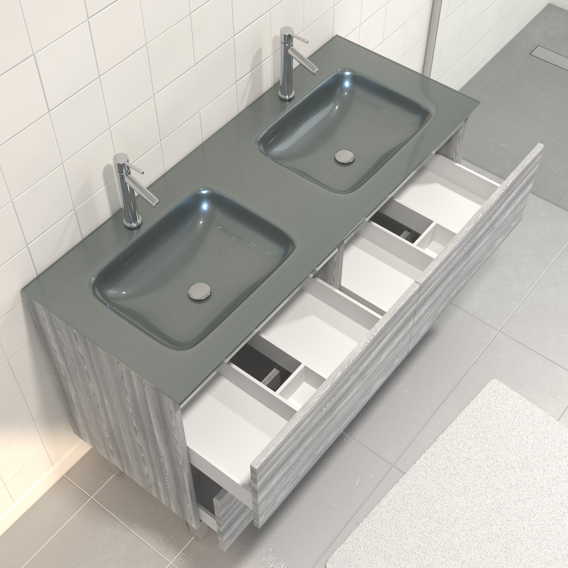 Pack meuble de salle de bain 130x50 cm Chêne grisblanc + vasque Argent