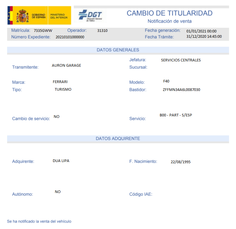 Notificar Venta Vehículo sin ir a la DGT 2021 auron GARAGE