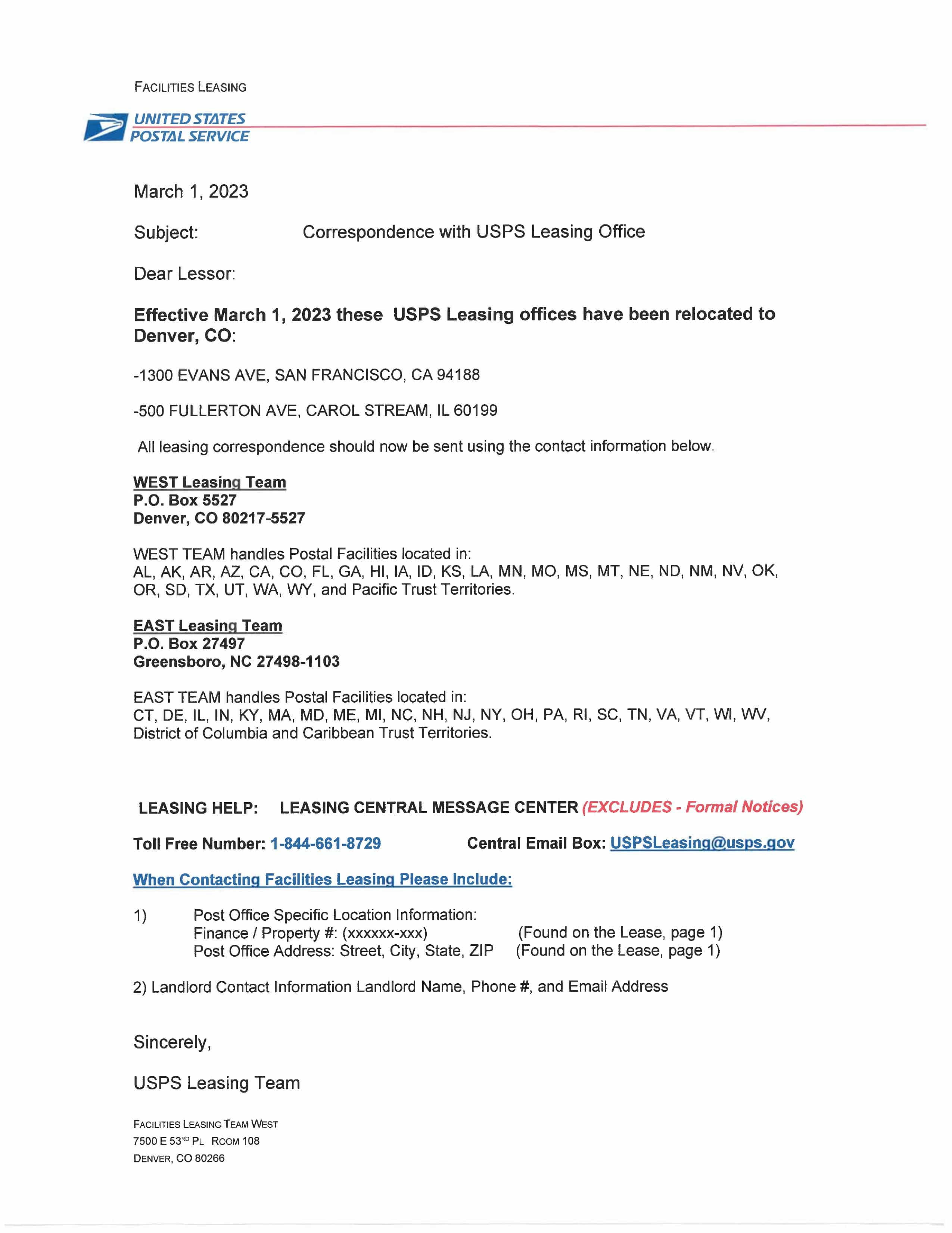 US Postal Service Contact Information AUSPL
