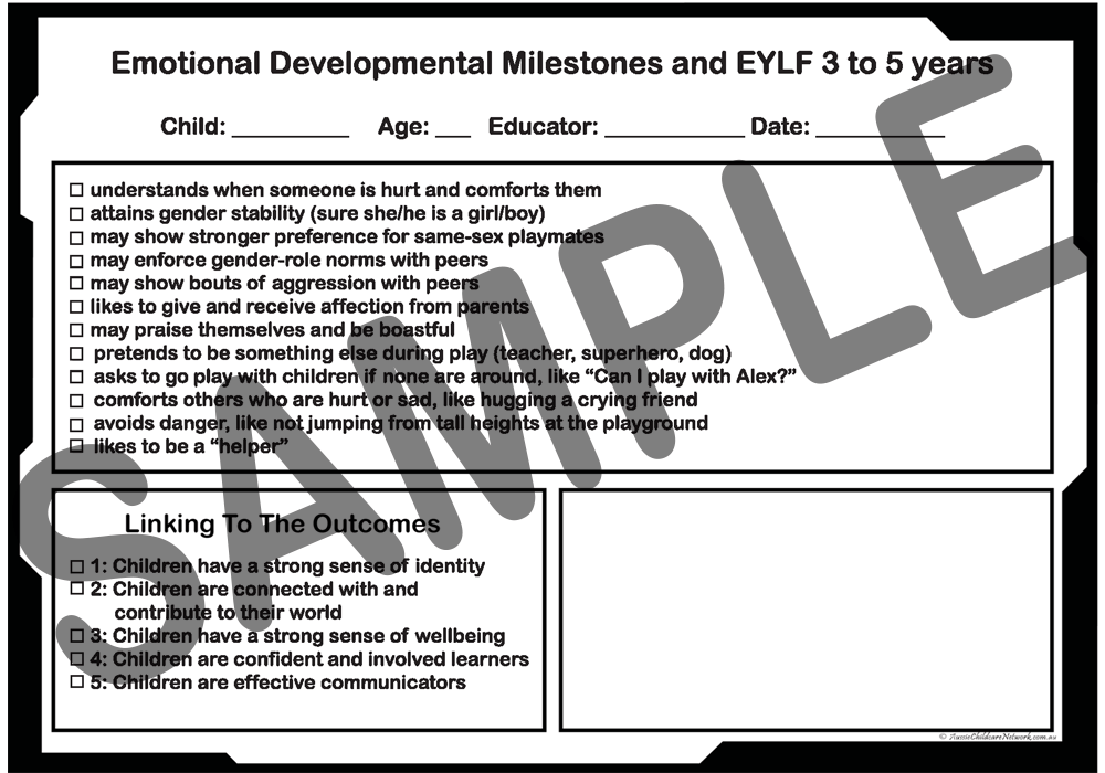 3 to 5 Years Developmental Milestones EYLF Checklist Aussie Childcare