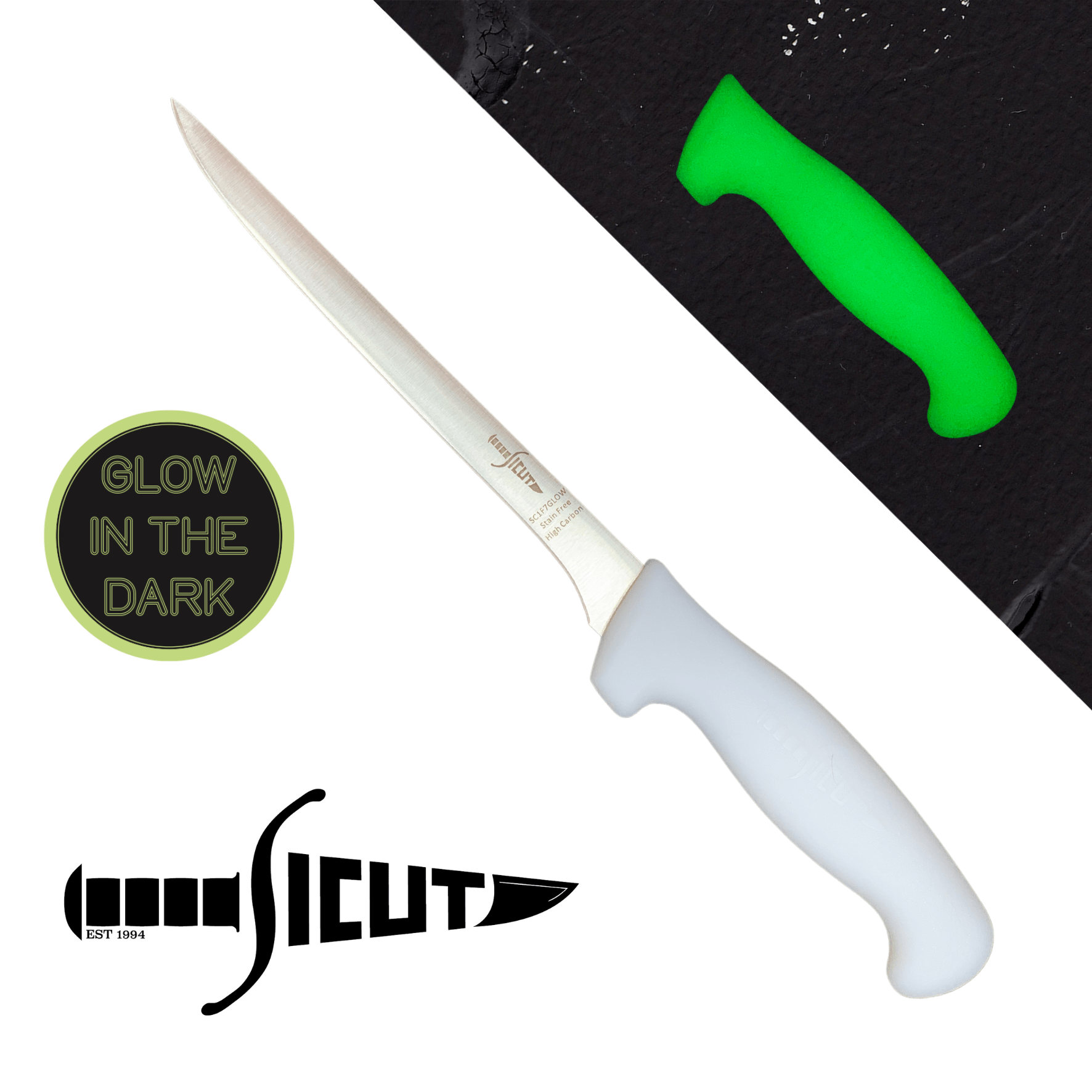 SICUT Filleting Knife 7" Blade with GLOW IN THE DARK HANDLE Aussie