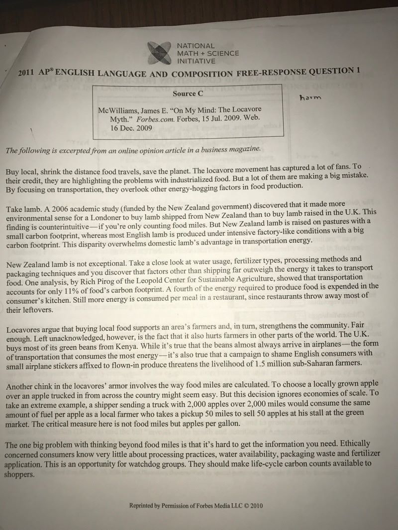 Locavore Essay (Synthesis Piece) Austin's English 11 Portfolio
