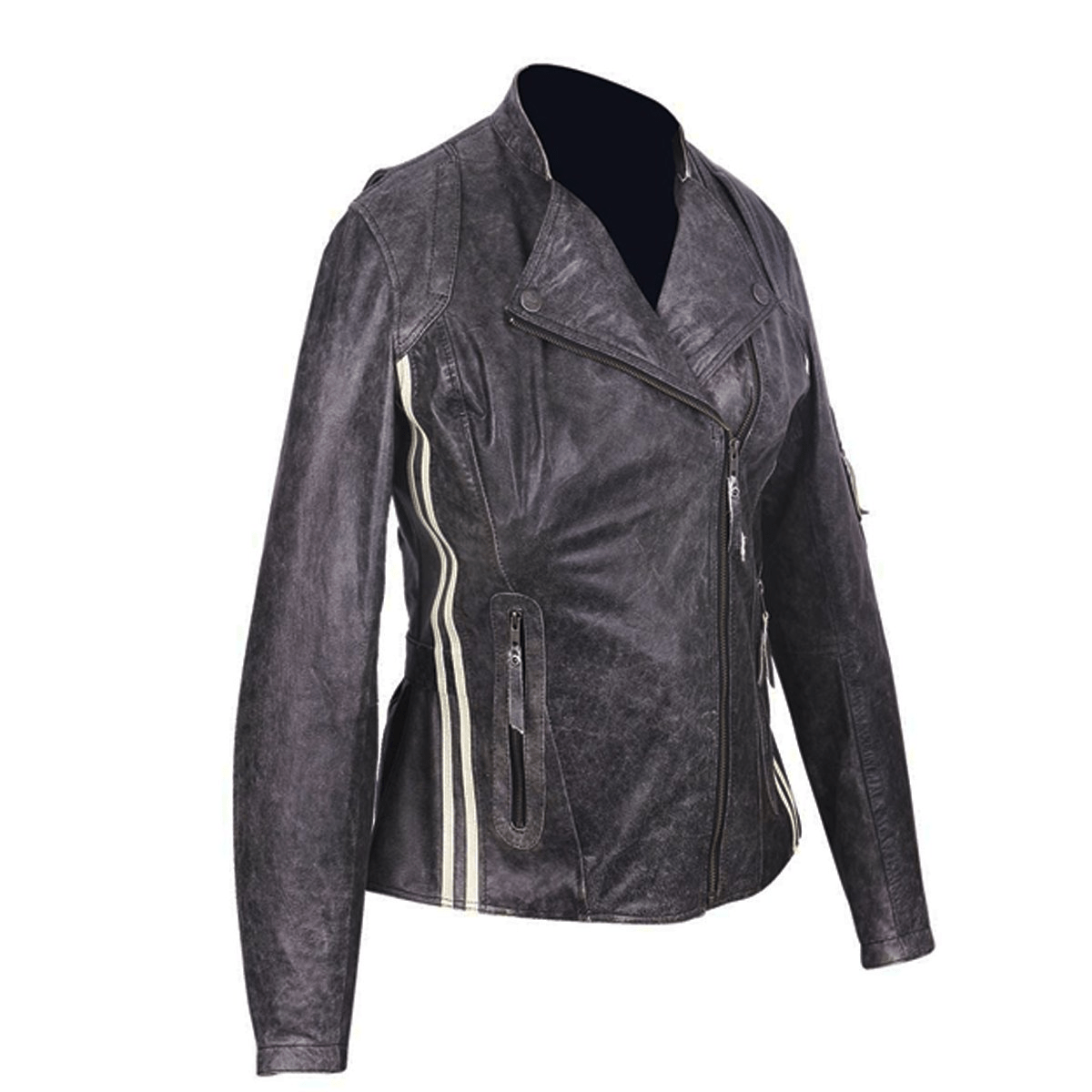Motorcycle Distressed Grey Women's Biker Leather Jacket with Vertical
