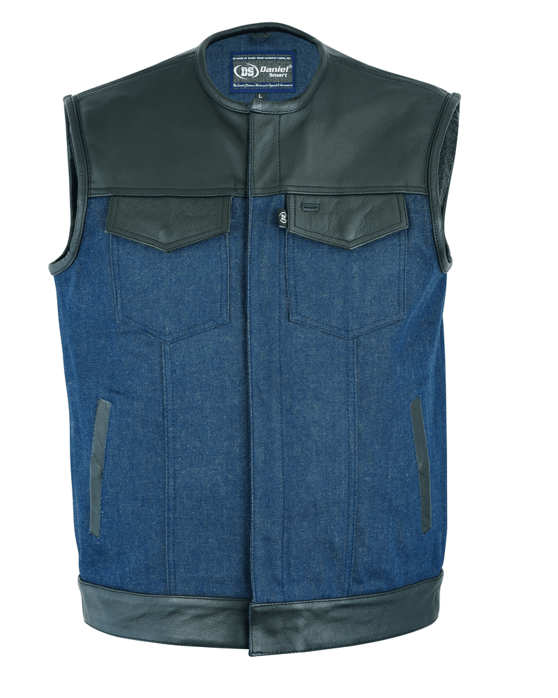 MOTORCYCLE MEN’S LEATHER/DENIM COMBO VEST (BLACK/BROKEN BLUE) Austin