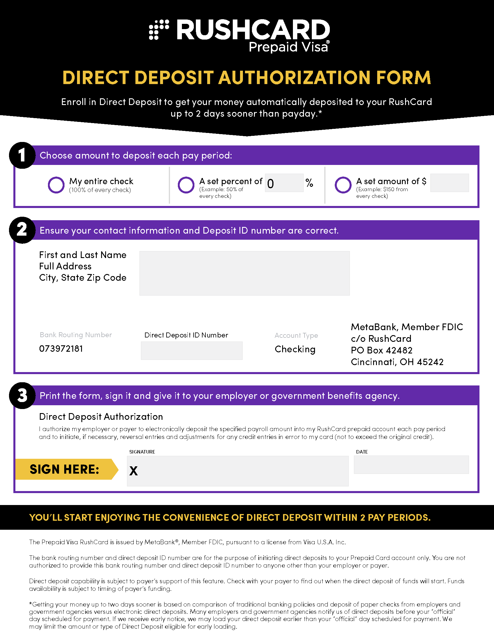 rushcard direct deposit calendar 2023 Free RushCard Direct Deposit Authorization Form PDF