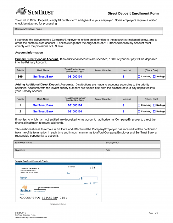 Free SunTrust Bank Direct Deposit Authorization Form PDF