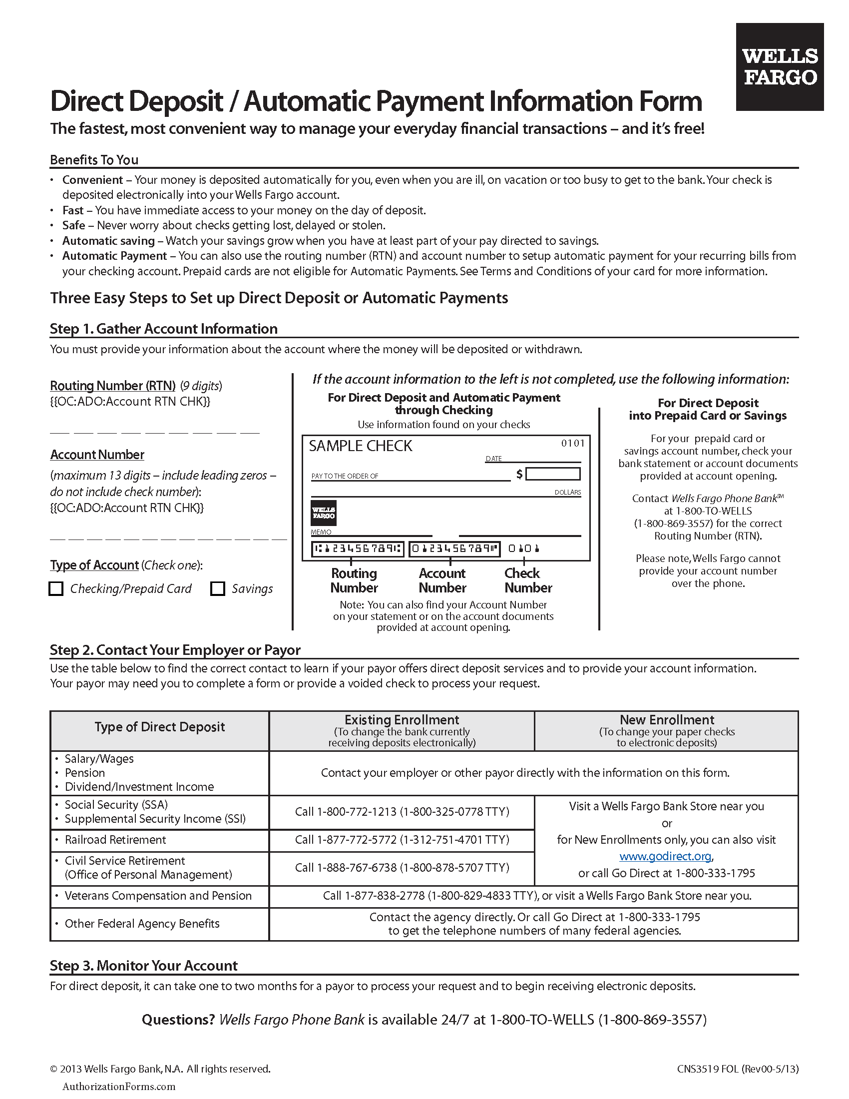 Free Wells Fargo Direct Deposit Authorization Form PDF