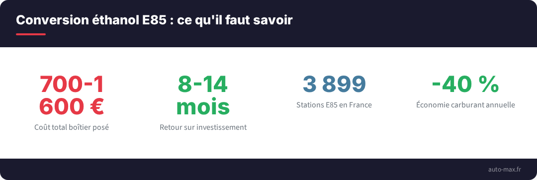 Conversion éthanol E85 : guide complet 2026 (boîtier, prix, compatibilité)
