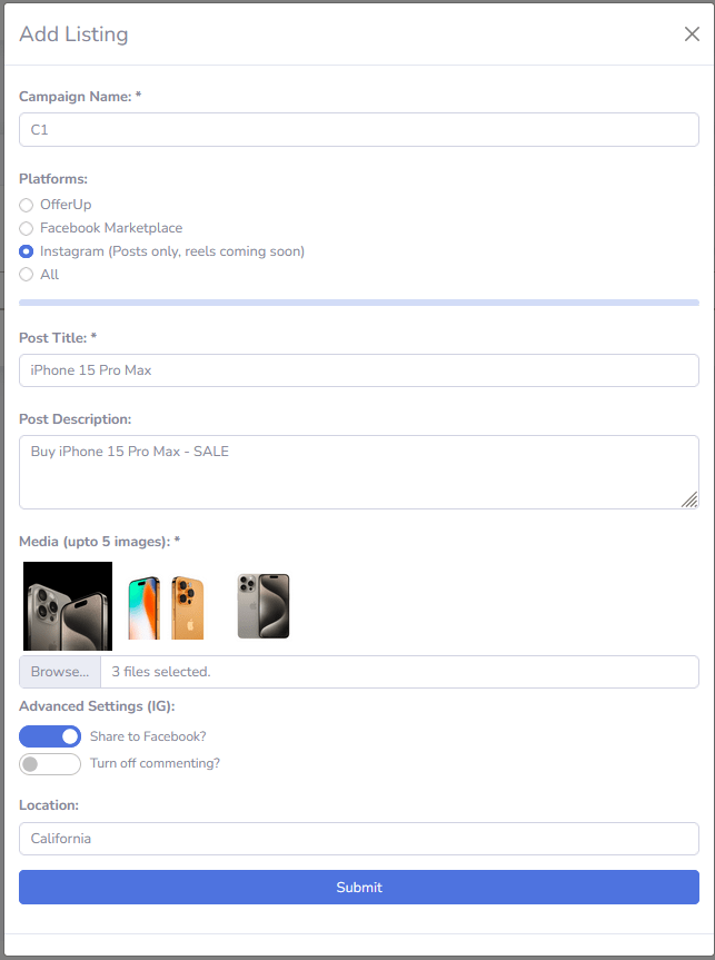 Instagram, Facebook Marketplace, OfferUp ADs posting daily