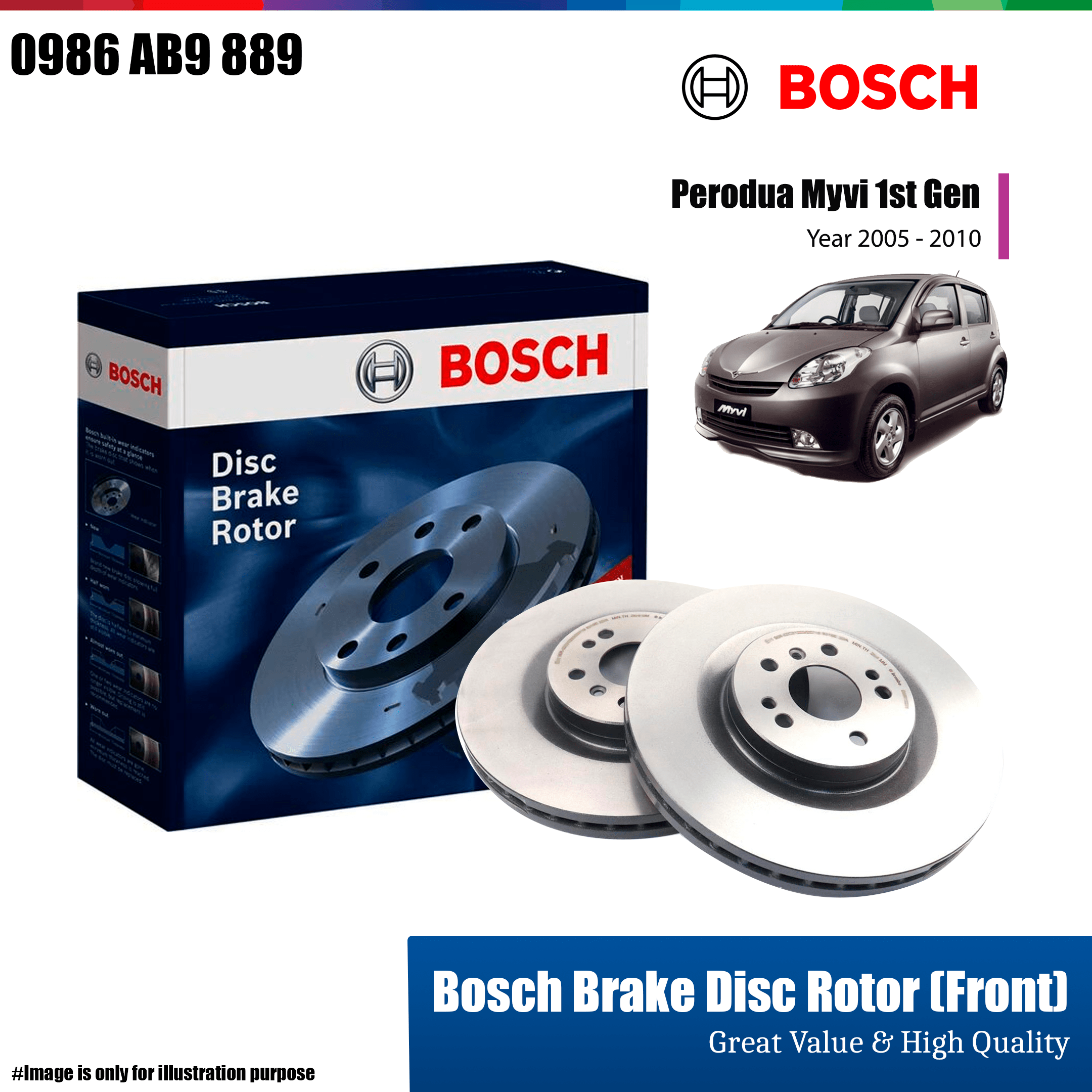 (2 PCS) Bosch Brake Disc Rotor Front 0986AB9889 Set for Old Perodua Myvi Year 20052010 auto2u