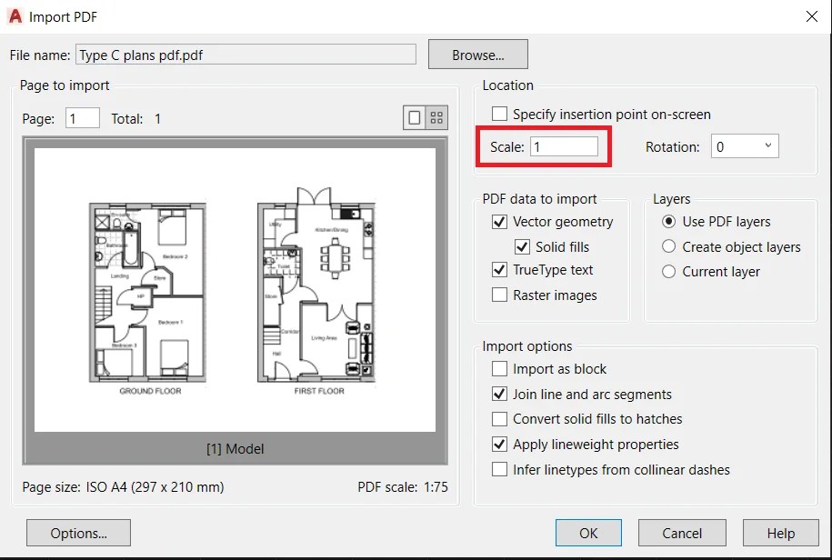 How to scale a PDF in AutoCAD while inserting or attaching