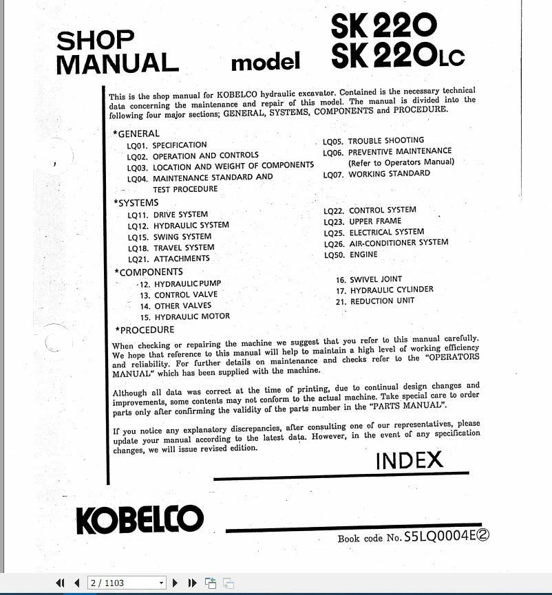 Hydraulic excavator Kobelco SK200 SK200LC, auto repair manual