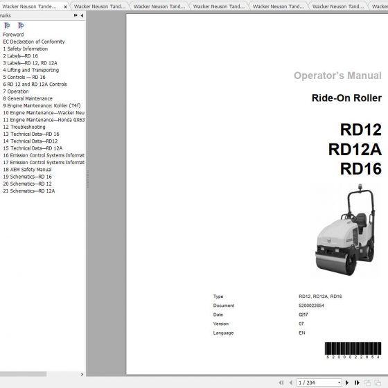Wacker Neuson Tandem Roller RD12A Operator's Manual, Service Manual