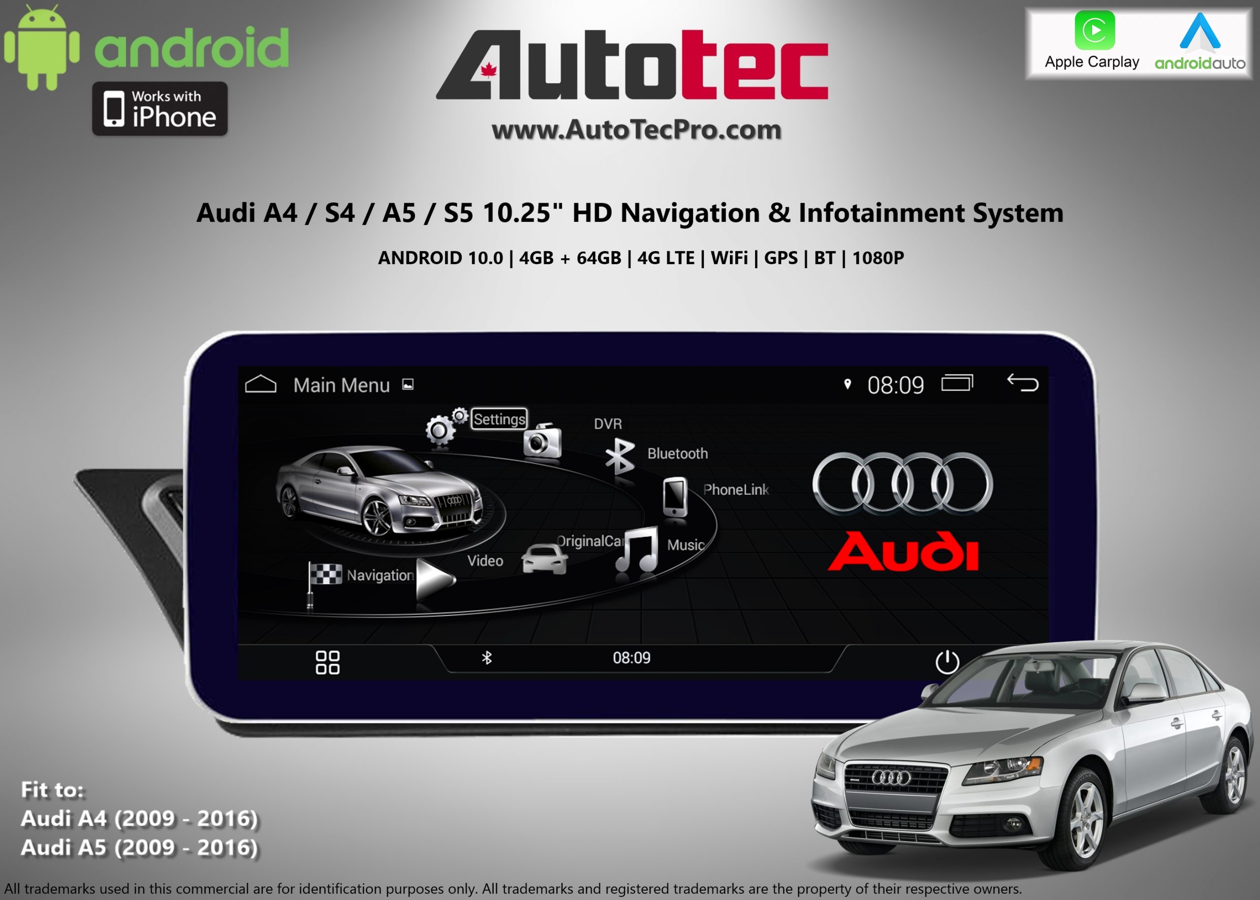 AUDI A4 / A5 (2009 2016) OEM FIT 10.25″ HD TouchScreen Android