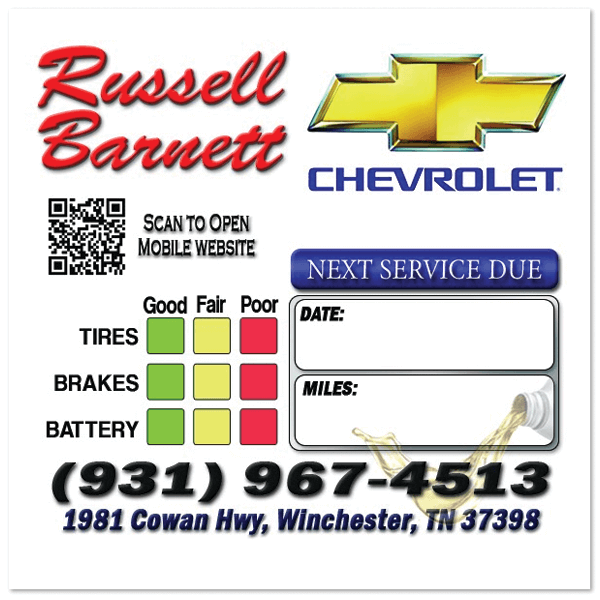 Chevrolet Dealership Oil Change Stickers Full Color Custom Designed