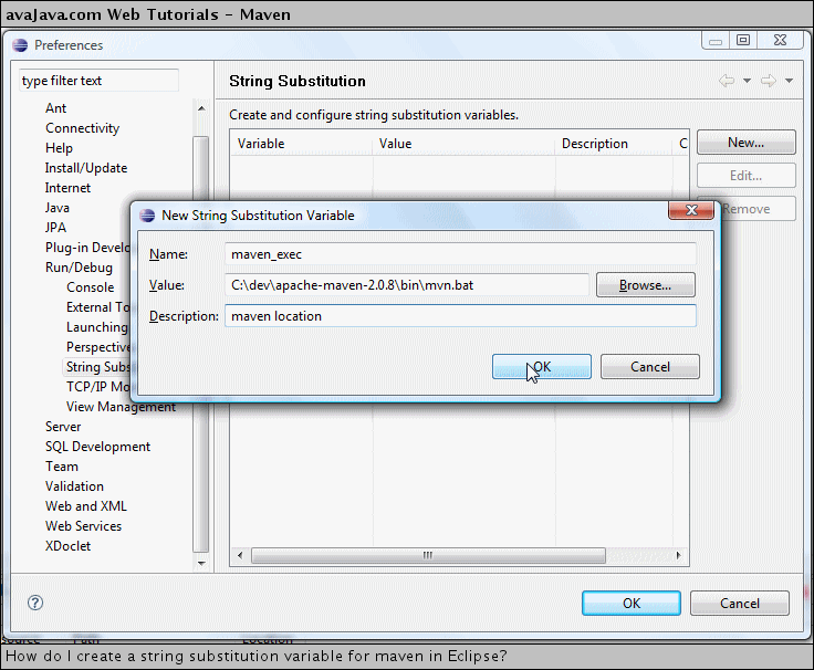 How do I create a string substitution variable for maven in Eclipse