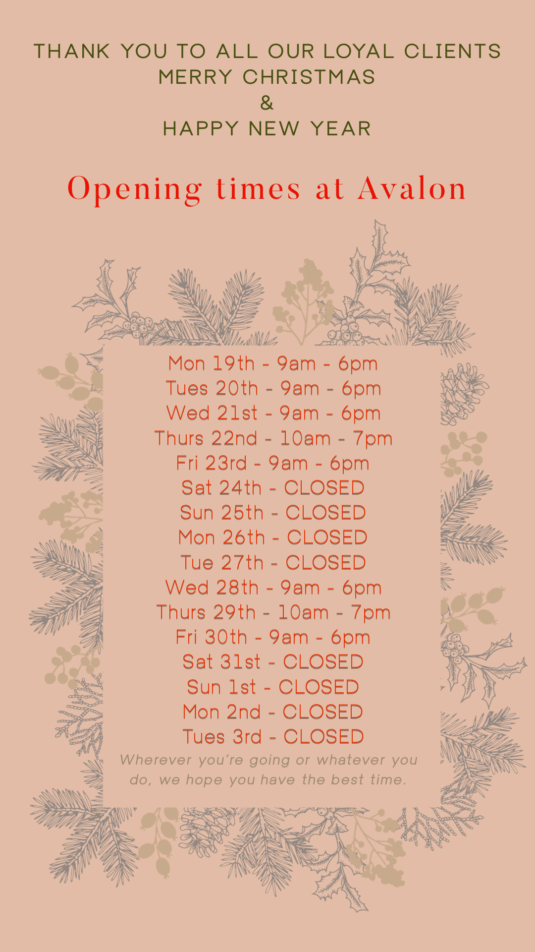 Christmas Opening Times at Avalon.