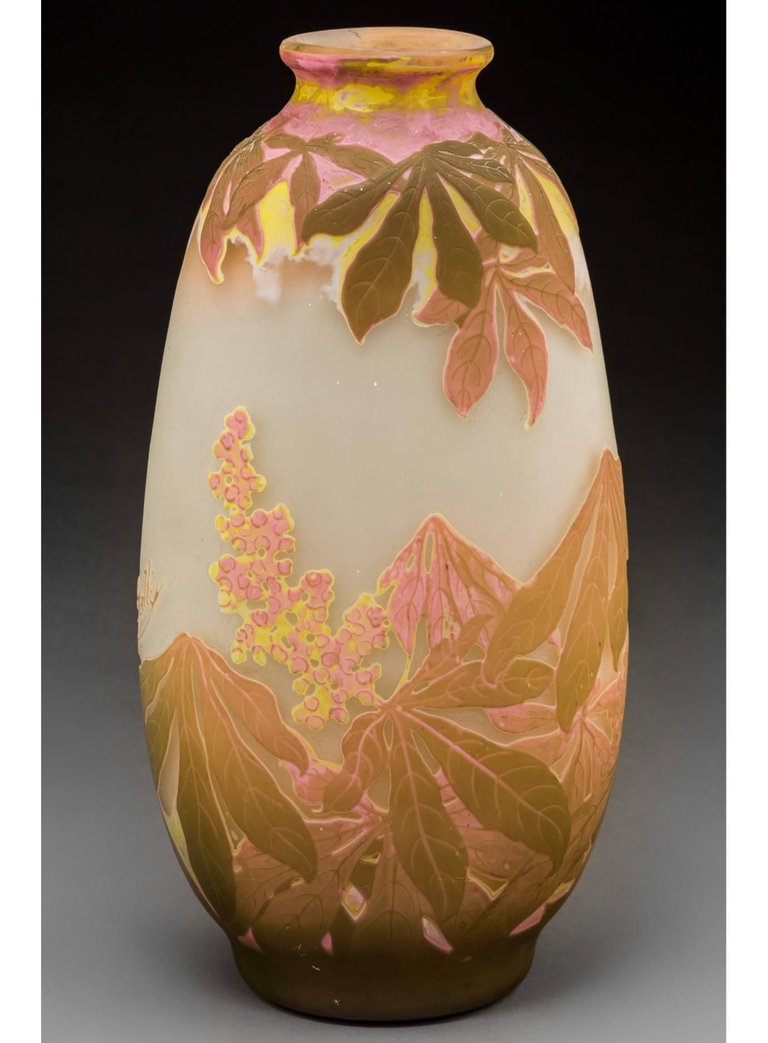 Large Art Nouveau Emile Galle Four Color Botanicals Vase. Circa 1905