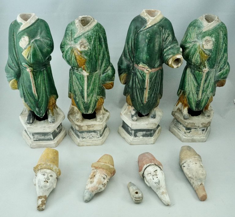 Four Chinese Ming Dynasty Tall Green Glazed Tomb Figures Avantiques