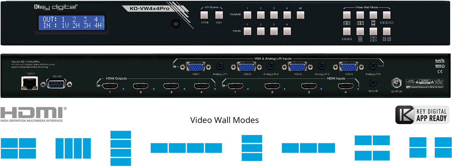 Key Digital 4x4 Video Wall Matrix Switch Controller KDVW4X4PRO