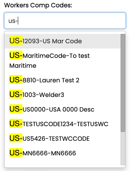 Maritime support state option of “US” WC Codes available within job