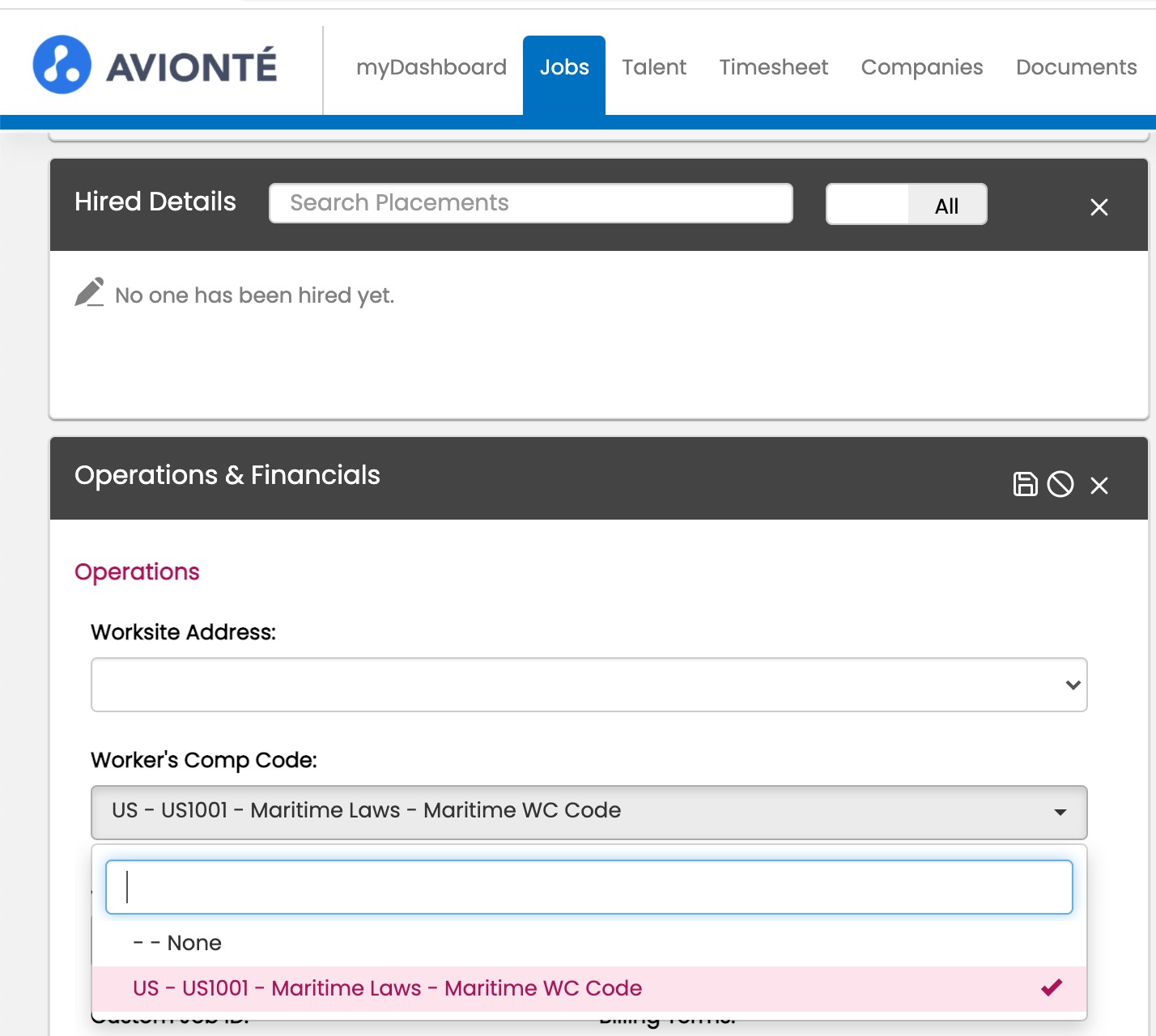 Maritime support state option of “US” WC Codes available within job
