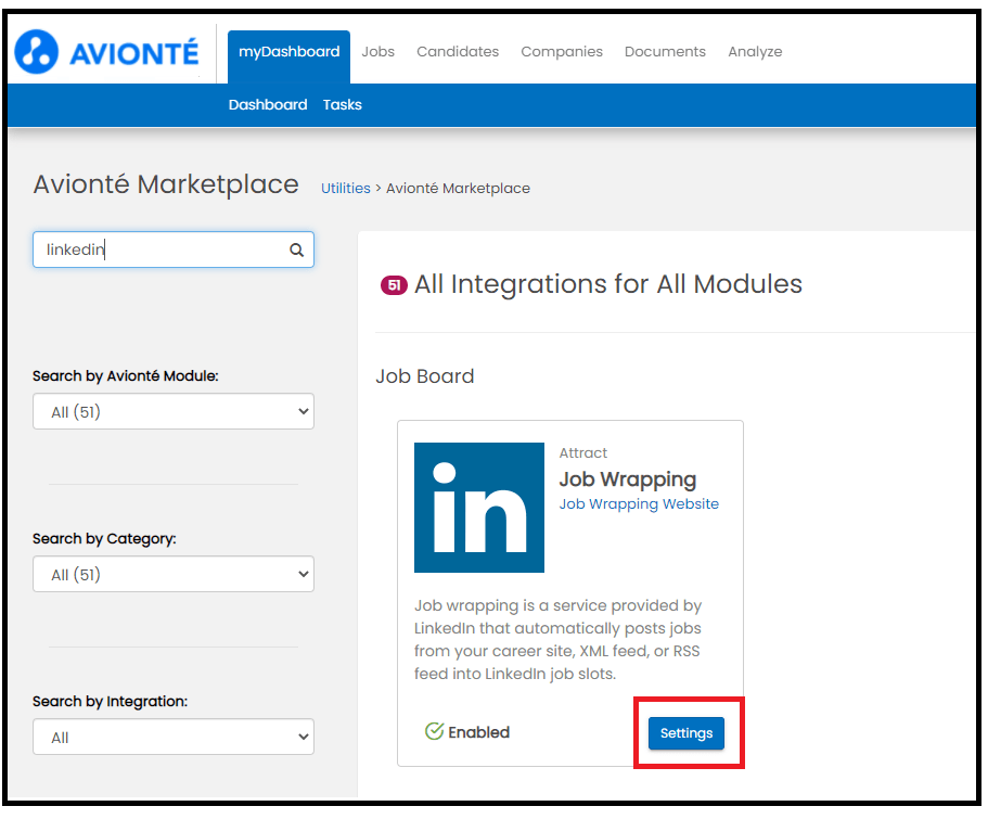 Setup LinkedIn Job Wrapping Integration Avionte Bold