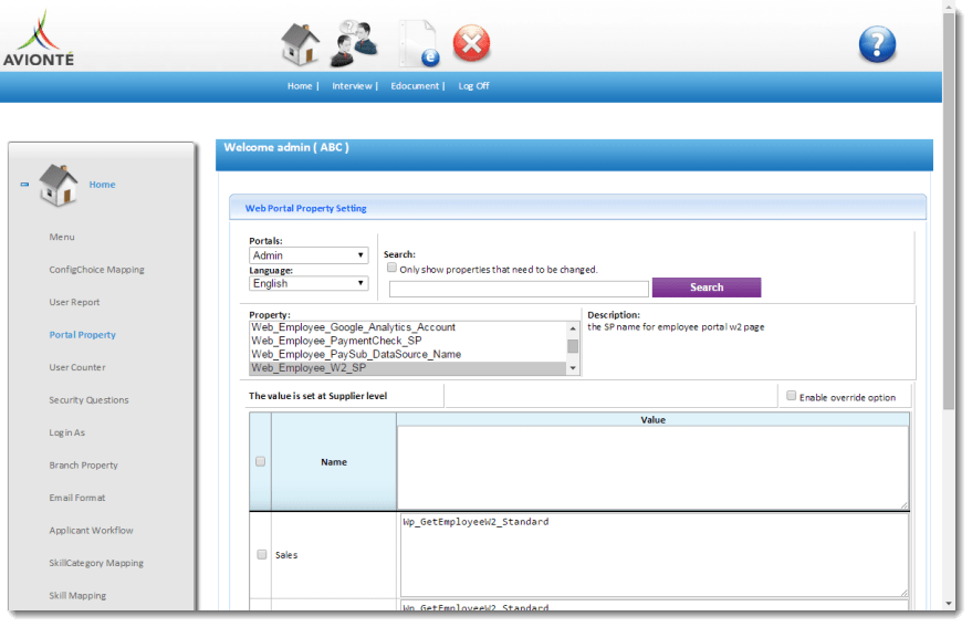 Admin Portal Property Settings _Employee_W2_SP Avionte Classic