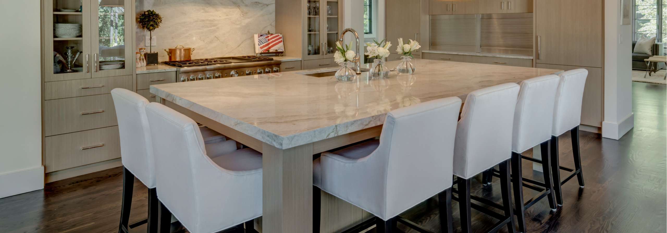 Examples of Wood Kitchen with Marble Countertops